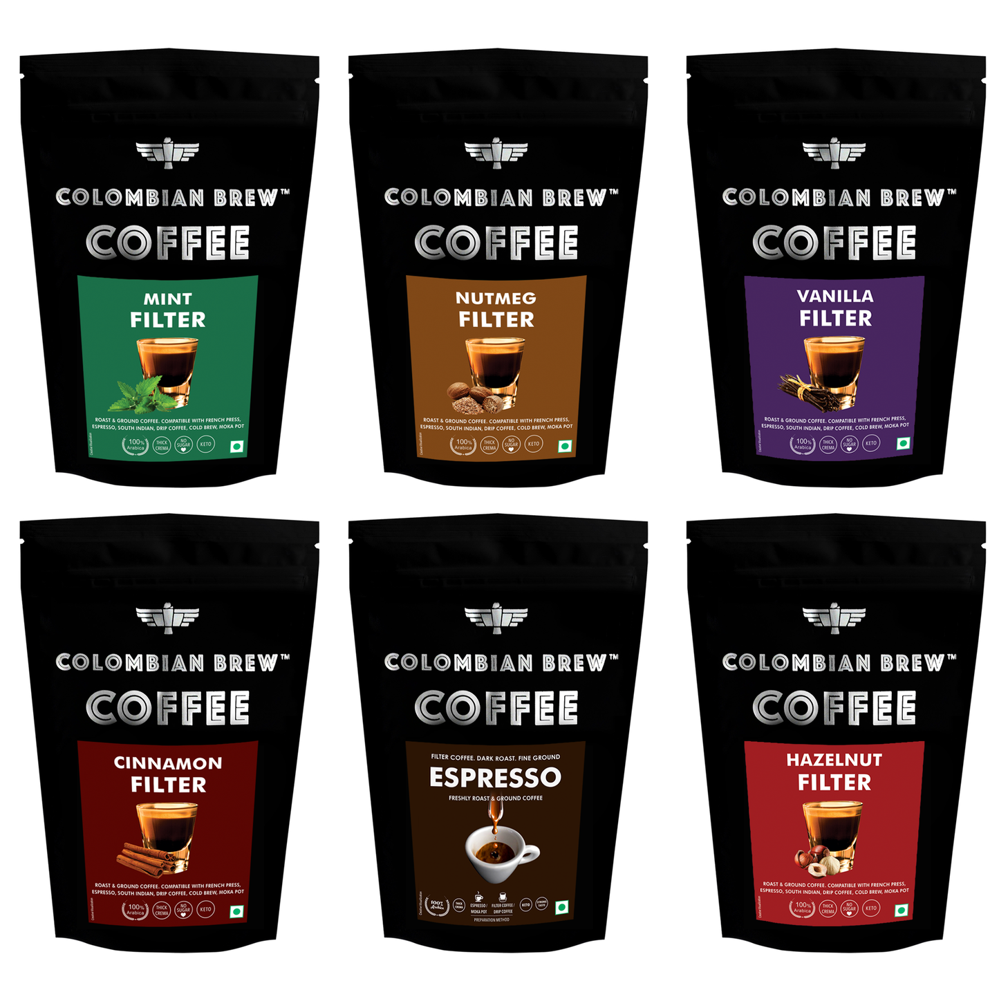 Colombian Brew Assorted Ground Filter Coffee Powder 6 Packs 100g Each Espresso, Hazelnut, Vanilla, Cinnamon, Nutmeg, Mint (Make Espresso, French Press, Cold Brew, Hot Brew)