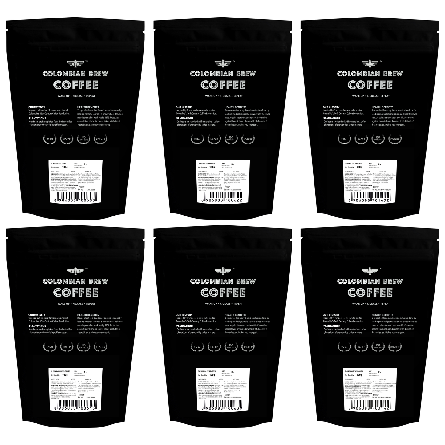 Colombian Brew Assorted Ground Filter Coffee Powder 6 Packs 100g Each Espresso, Hazelnut, Vanilla, Cinnamon, Nutmeg, Mint (Make Espresso, French Press, Cold Brew, Hot Brew)