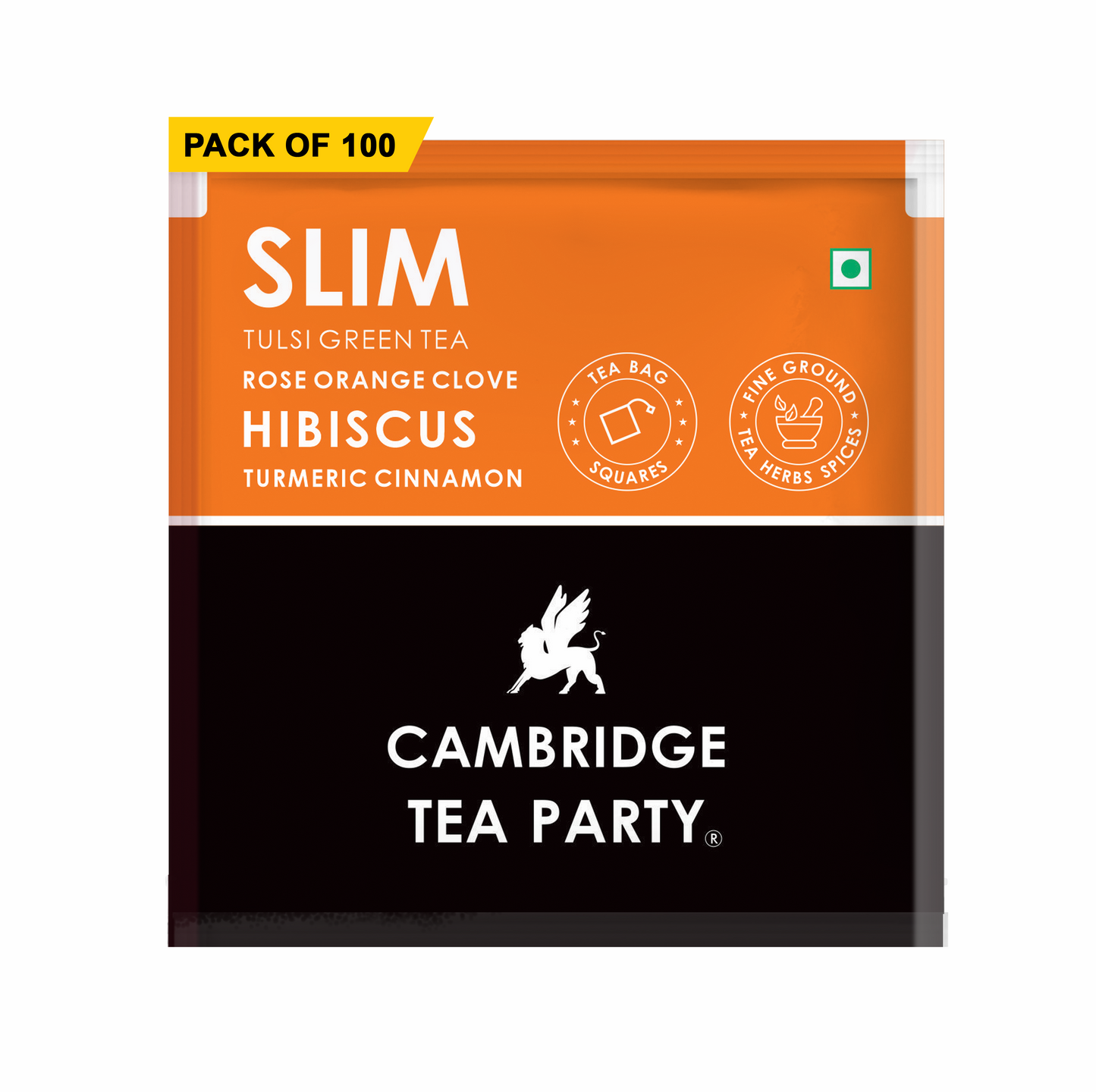 Cambridge Tea Party Slim 100 Tea Bags, Hibiscus Clove Orange Rose Turmeric Cinnamon Tulsi Green Tea, Bulk Pack