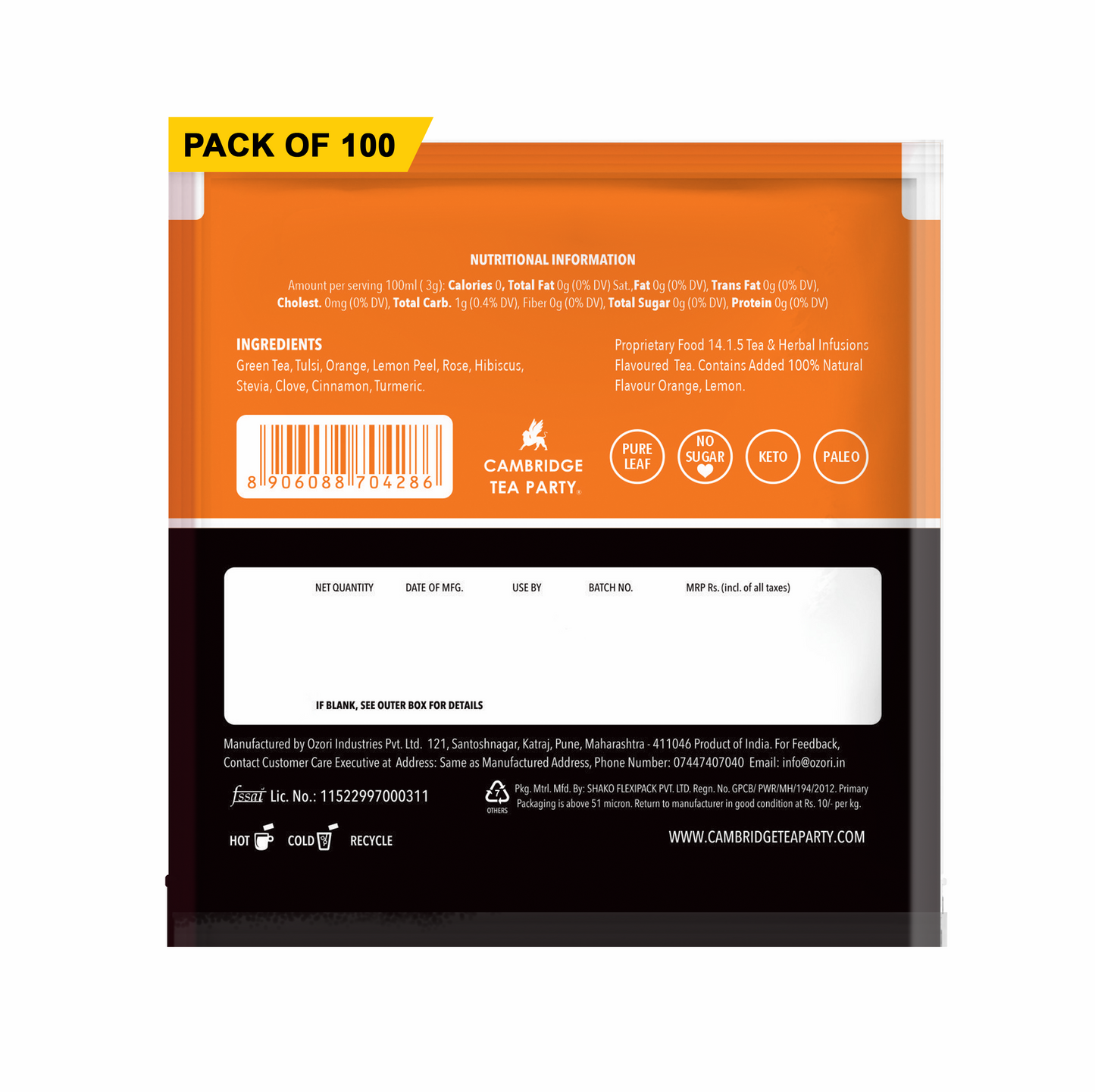Cambridge Tea Party Slim 100 Tea Bags, Hibiscus Clove Orange Rose Turmeric Cinnamon Tulsi Green Tea, Bulk Pack