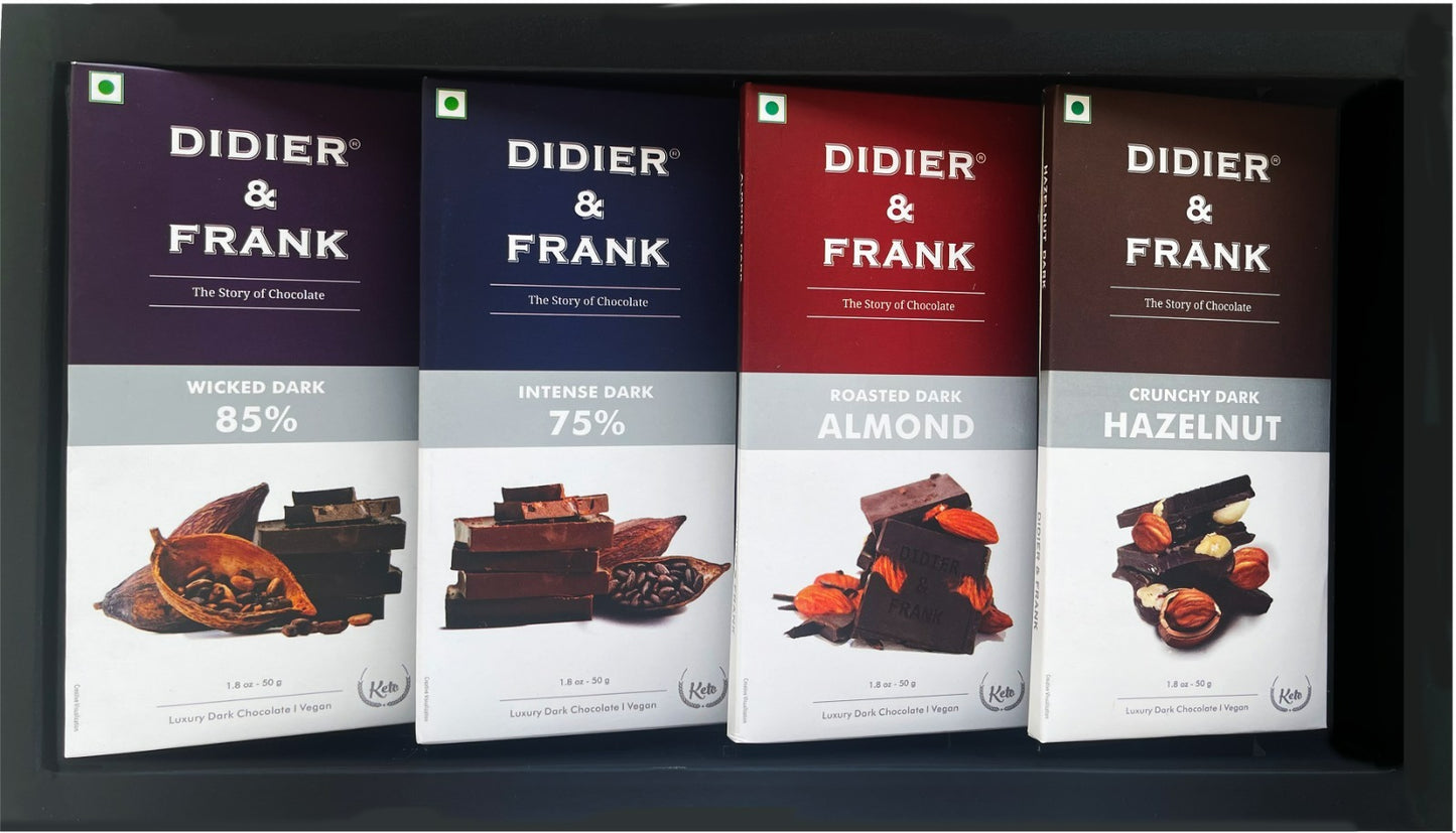 Didier & Frank Assorted Chocolate Dark Gift Box, 50g x 4 (85%, 75%, Almond, Hazelnut) (Gift Pack Box Diwali, Rakhi) 