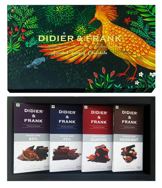 Didier & Frank Assorted Chocolate Dark Gift Box, 50g x 4 (85%, 75%, Almond, Hazelnut) (Gift Pack Box Diwali, Rakhi) 