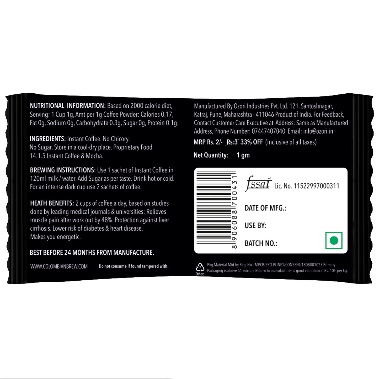 Pure Instant Coffee Powder Sachets, Pack of 180