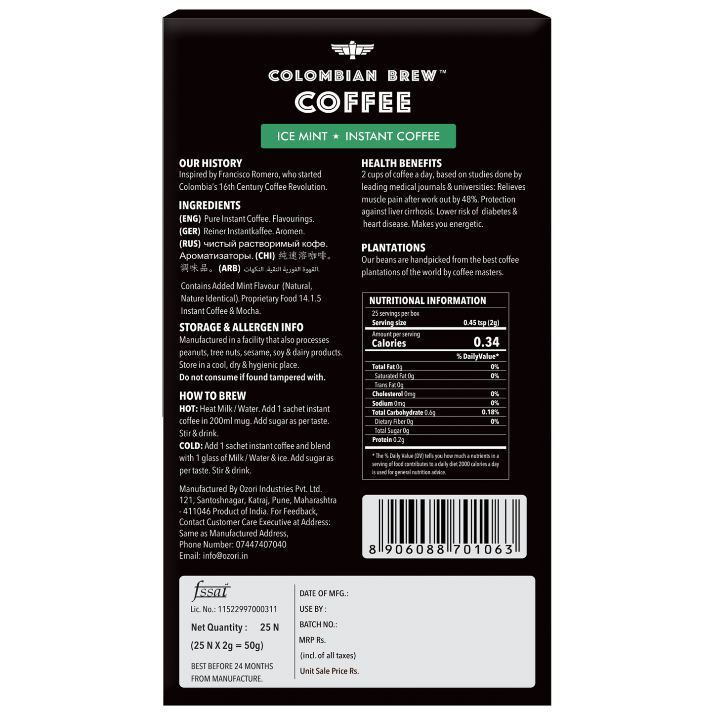 Ice Mint Instant Coffee Powder, No Sugar Vegan, 50g