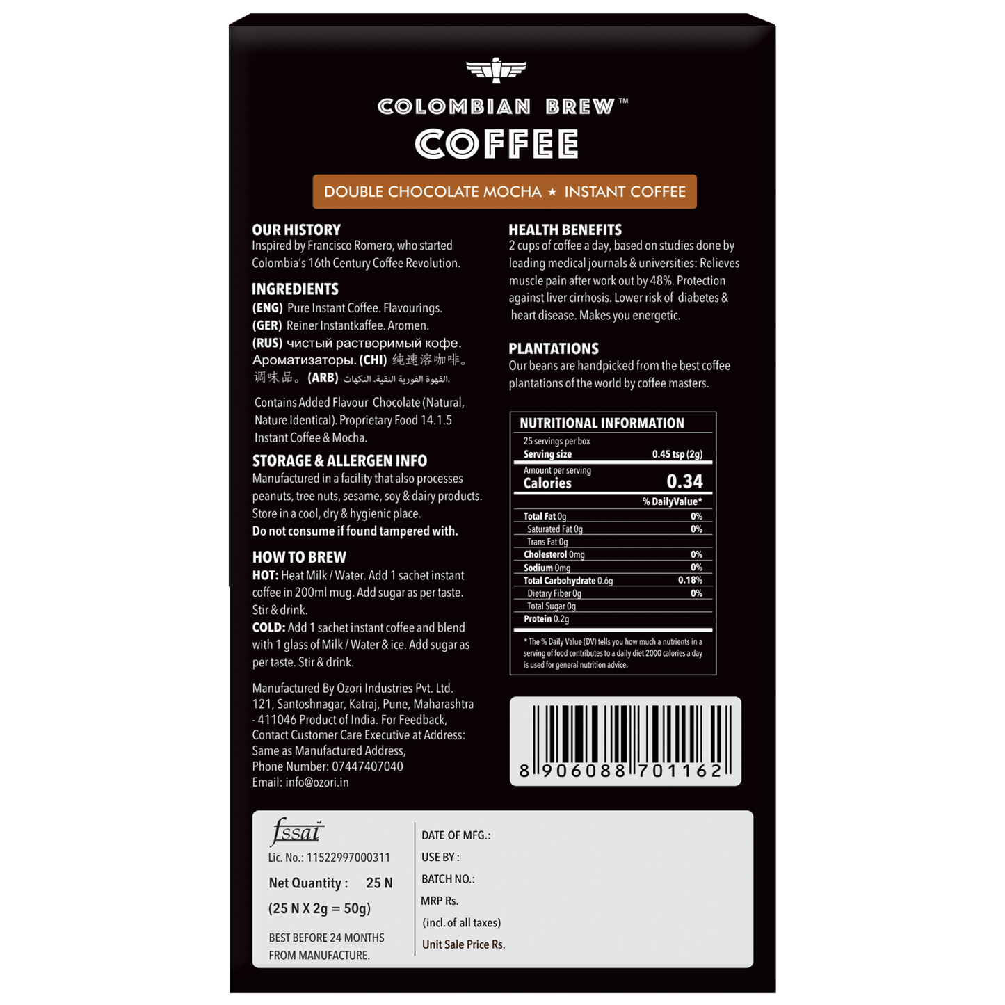Double Chocolate Mocha Instant Coffee, No Sugar Vegan, 50g