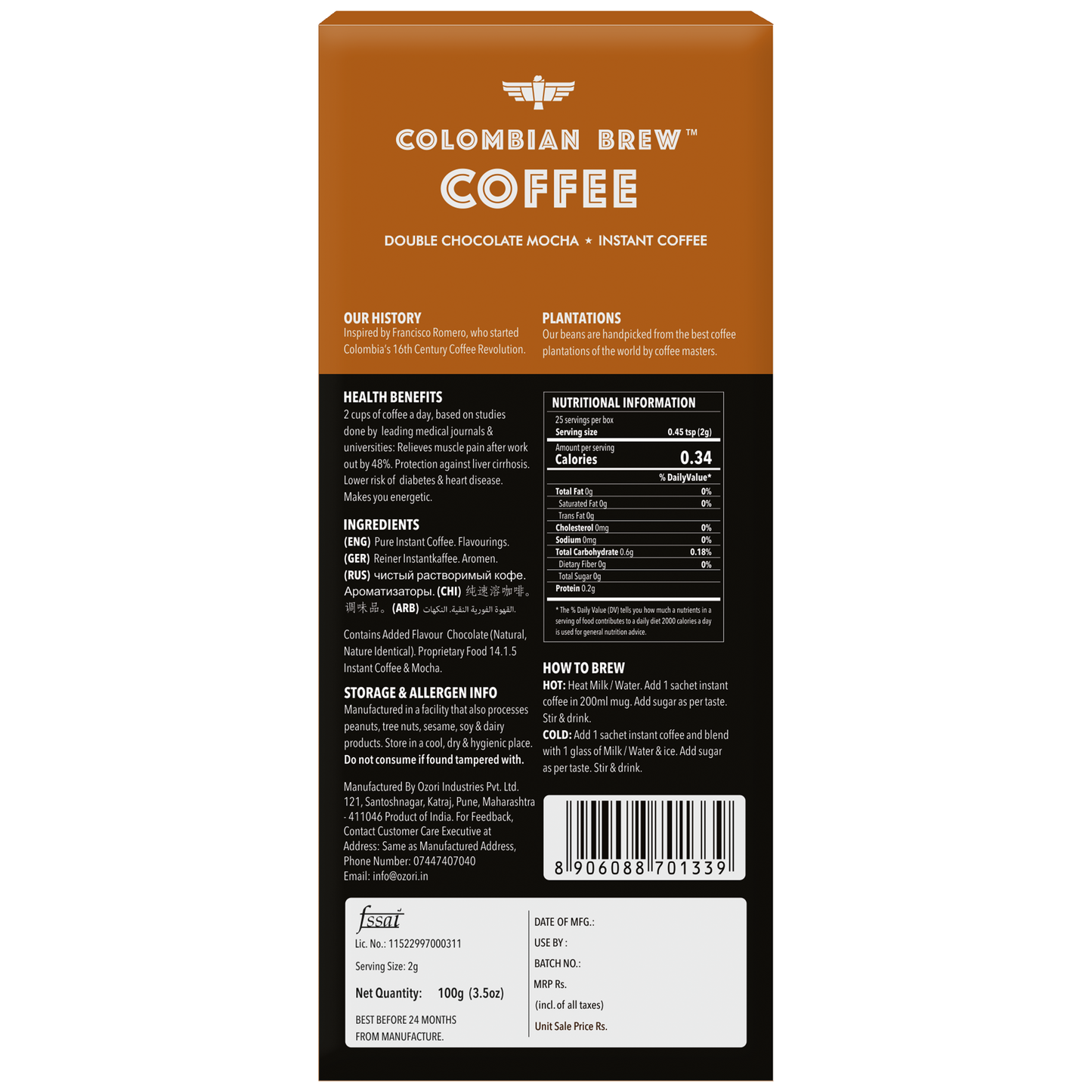 Double Chocolate Mocha Instant Coffee Powder, No Sugar Vegan, 100g