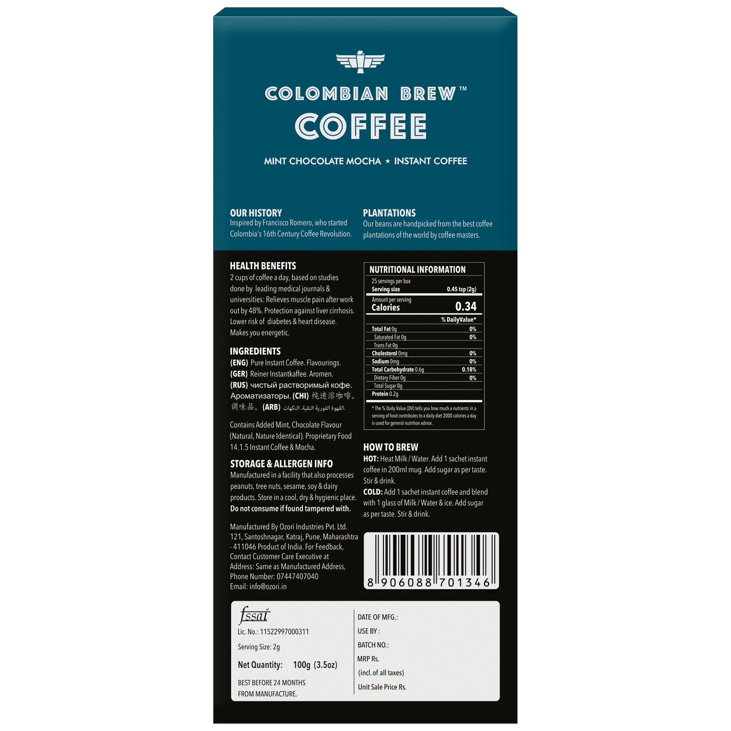 Mint Chocolate Mocha Instant Coffee Powder, No Sugar Vegan, 100g