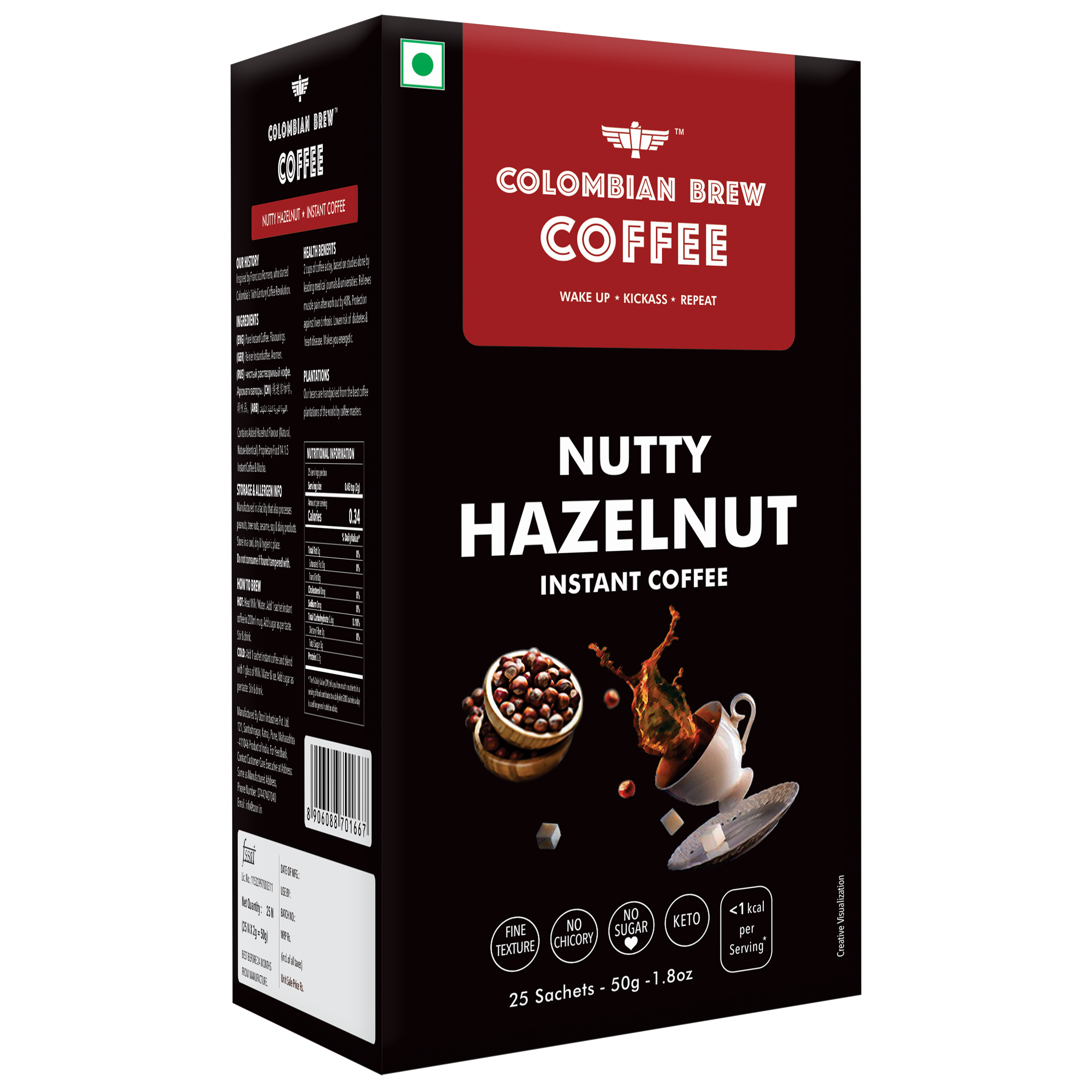 Colombian Brew Hazelnut Instant Coffee Powder, No Sugar Vegan