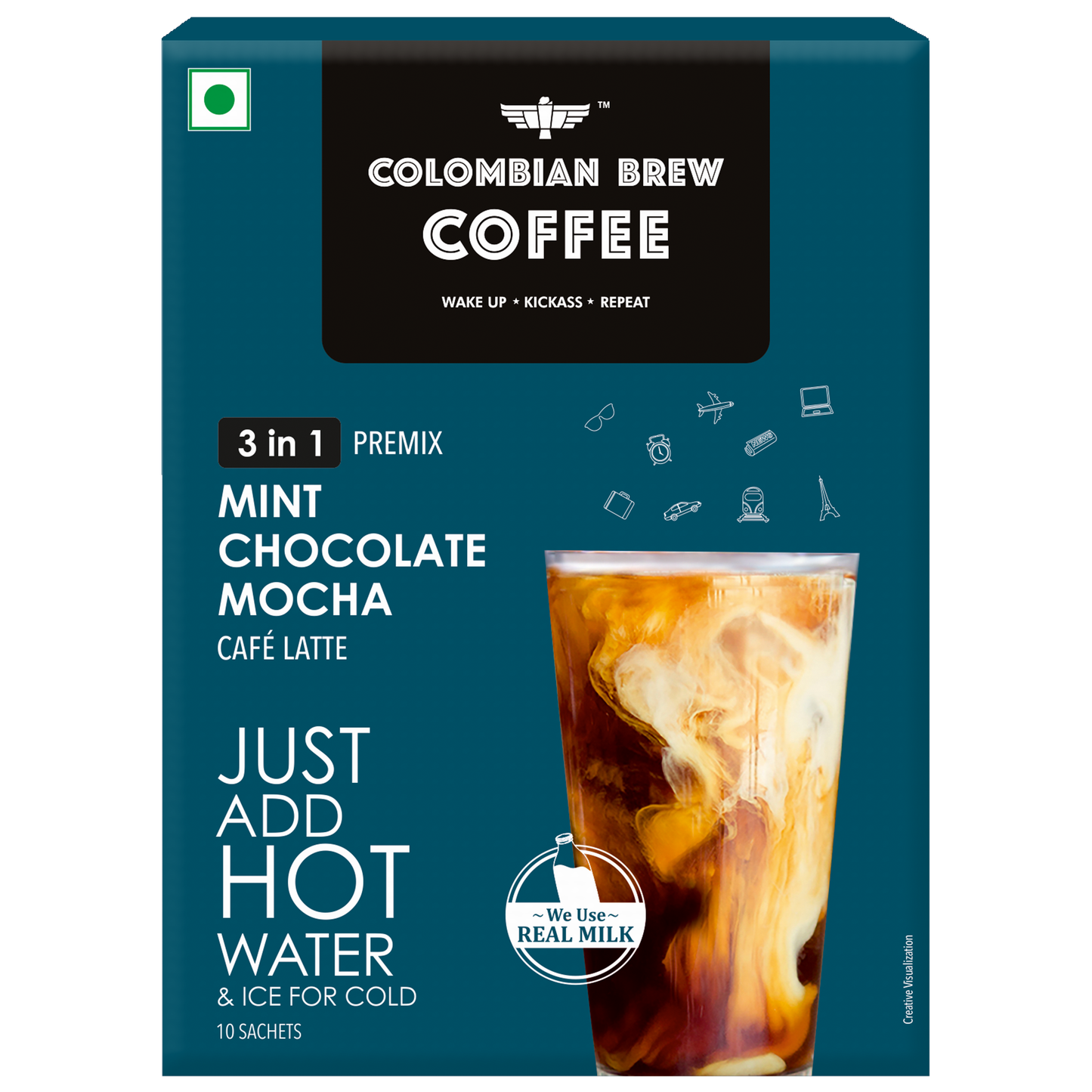 Colombian Brew Mint Chocolate Mocha Café Latte, Instant Coffee Powder Premix (3 in 1), 10 Sachets Box