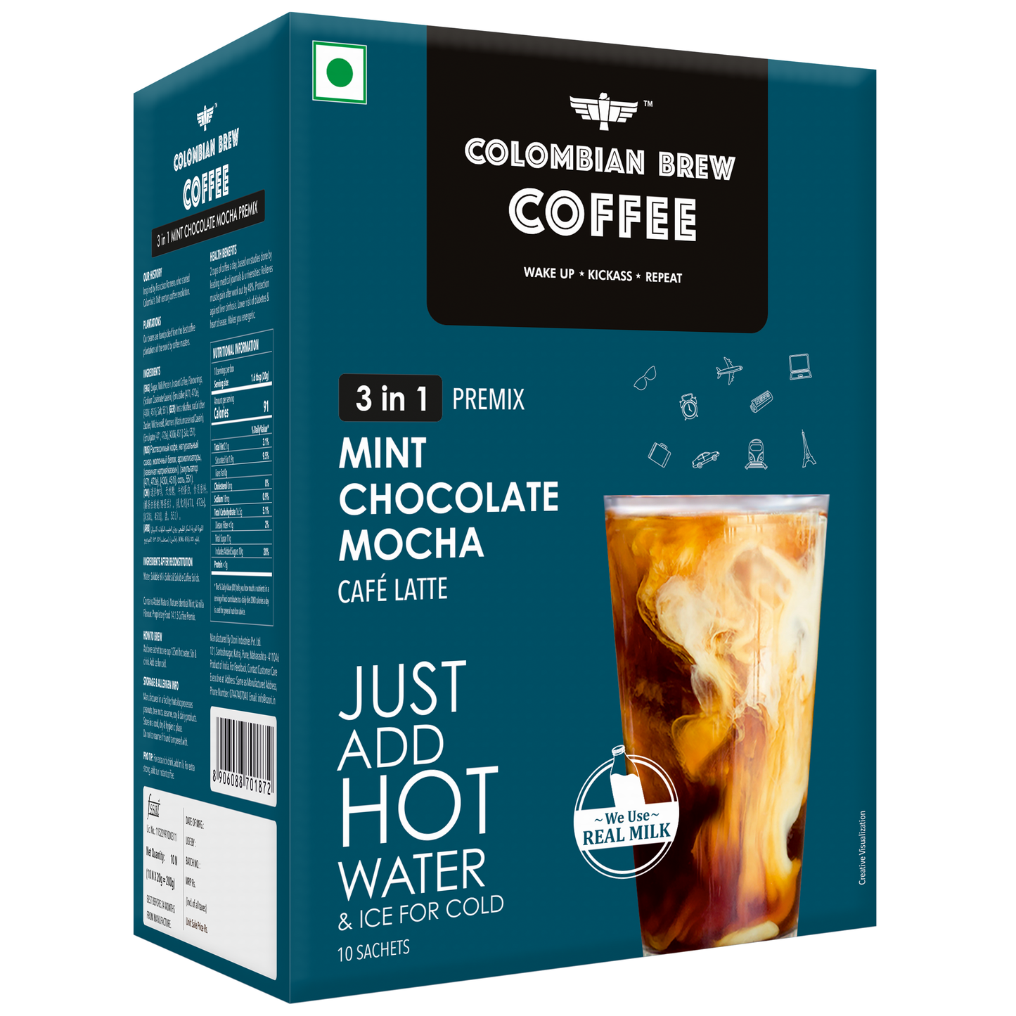 Colombian Brew Mint Chocolate Mocha Café Latte, Instant Coffee Powder Premix (3 in 1), 10 Sachets Box