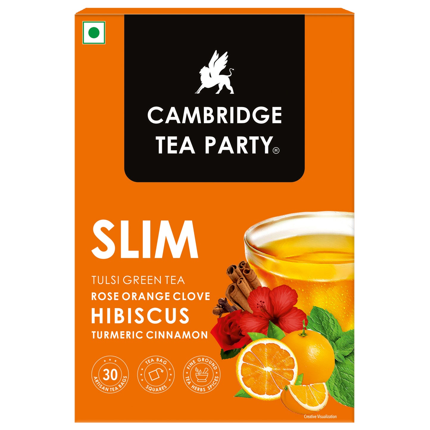 Slim 30 Tea Bags, Hibiscus Clove Orange Rose Turmeric Cinnamon Tulsi Green Tea 