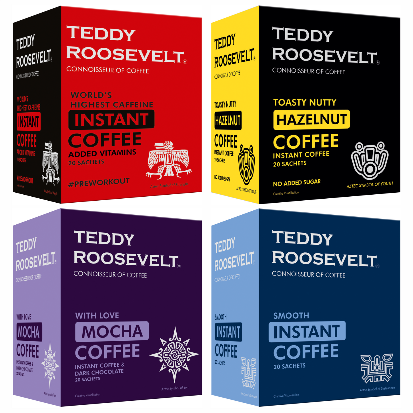 Teddy Roosevelt Combo Gift Pack Hazelnut, Dark Chocolate Mocha, High Caffeine, Smooth Instant Coffee Powder, 50g Each| 200g