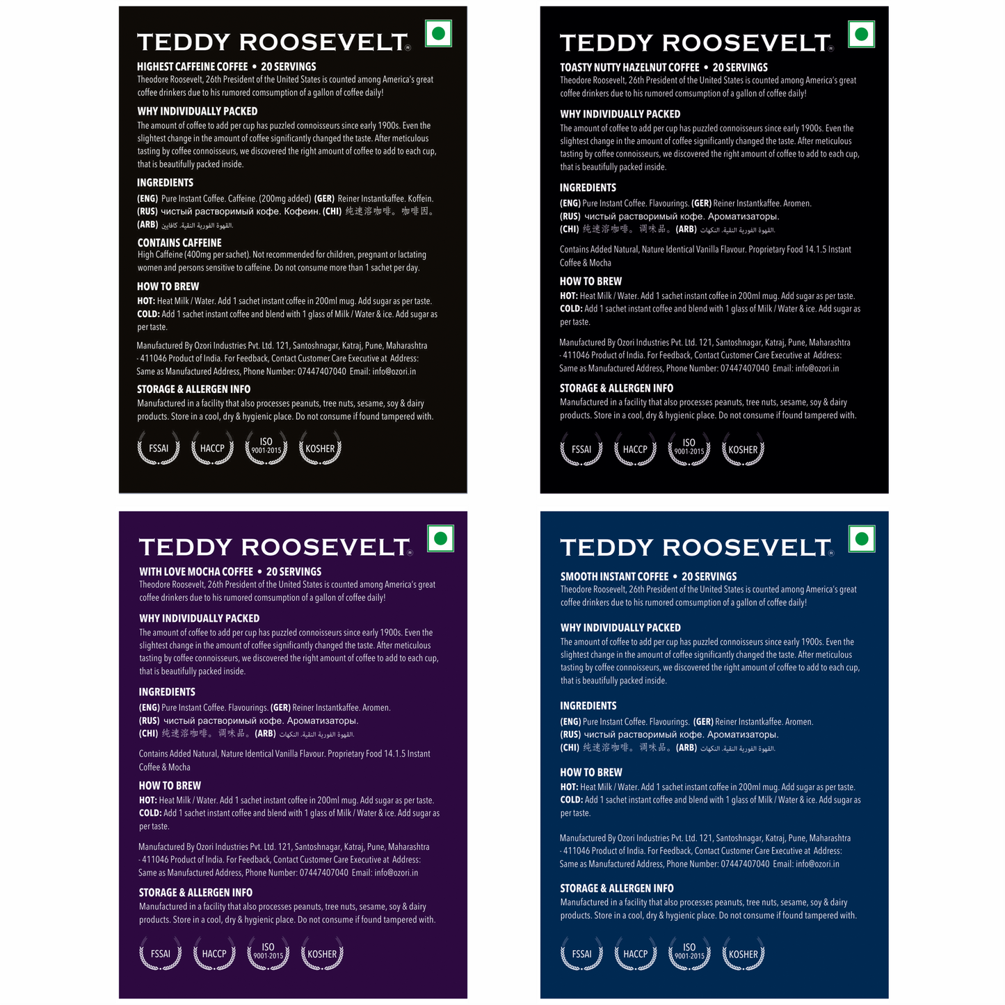 Teddy Roosevelt Combo Gift Pack Hazelnut, Dark Chocolate Mocha, High Caffeine, Smooth Instant Coffee Powder, 50g Each| 200g