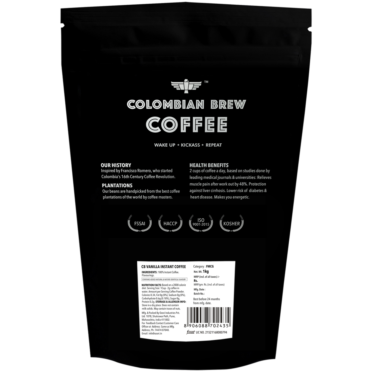 Vanilla Instant Coffee Powder, No Sugar Vegan, 1kg Hotel Pack