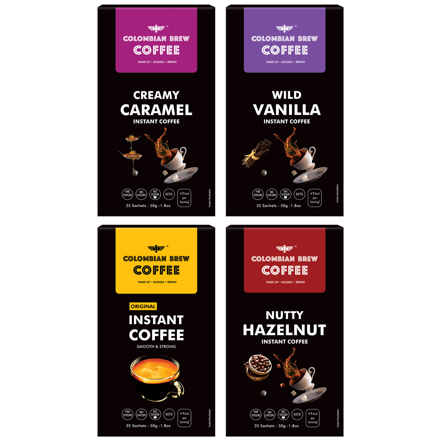 Colombian Brew Hazelnut Instant 50g, Caramel Instant 50g, Vanilla Instant 50g, Pure Instant Coffee 50g, No Sugar Vegan