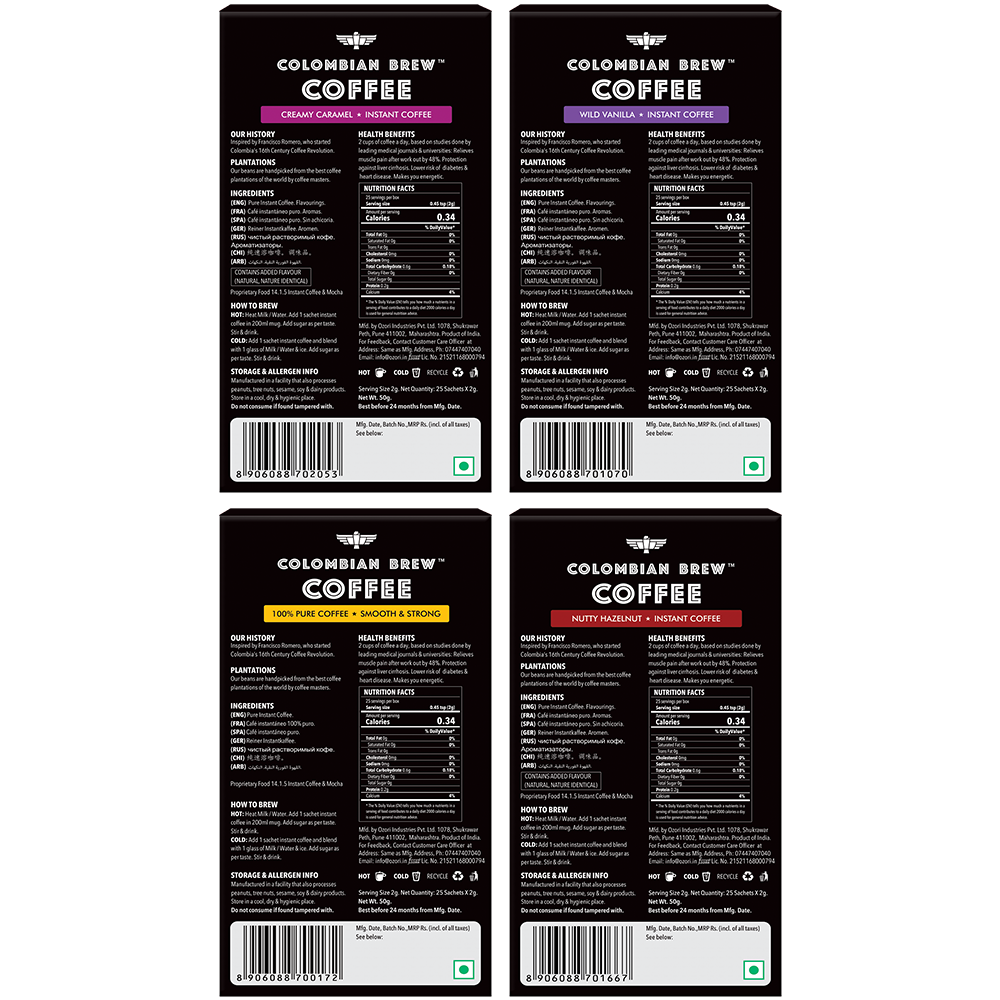 Colombian Brew Hazelnut Instant 50g, Caramel Instant 50g, Vanilla Instant 50g, Pure Instant Coffee 50g, No Sugar Vegan