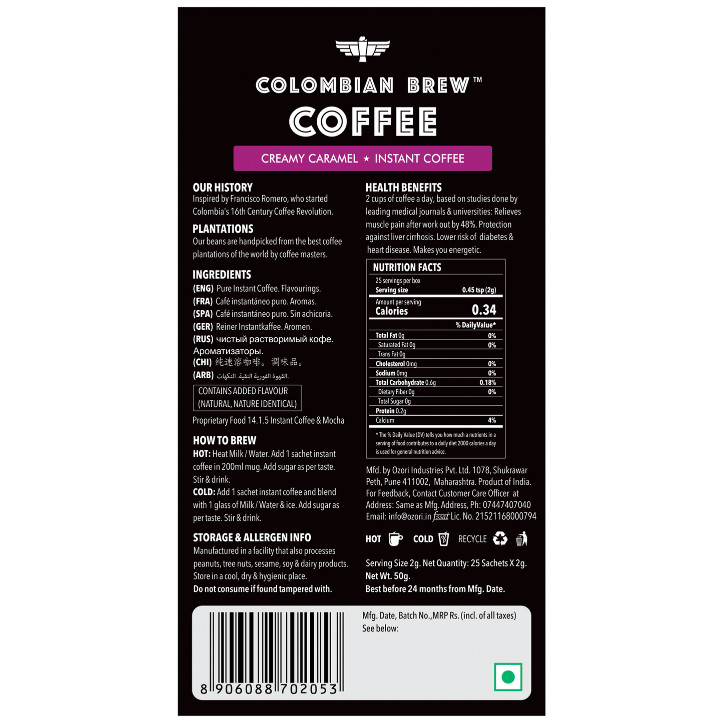 Colombian Brew Hazelnut Instant 50g, Caramel Instant 50g, Vanilla Instant 50g, Pure Instant Coffee 50g, No Sugar Vegan
