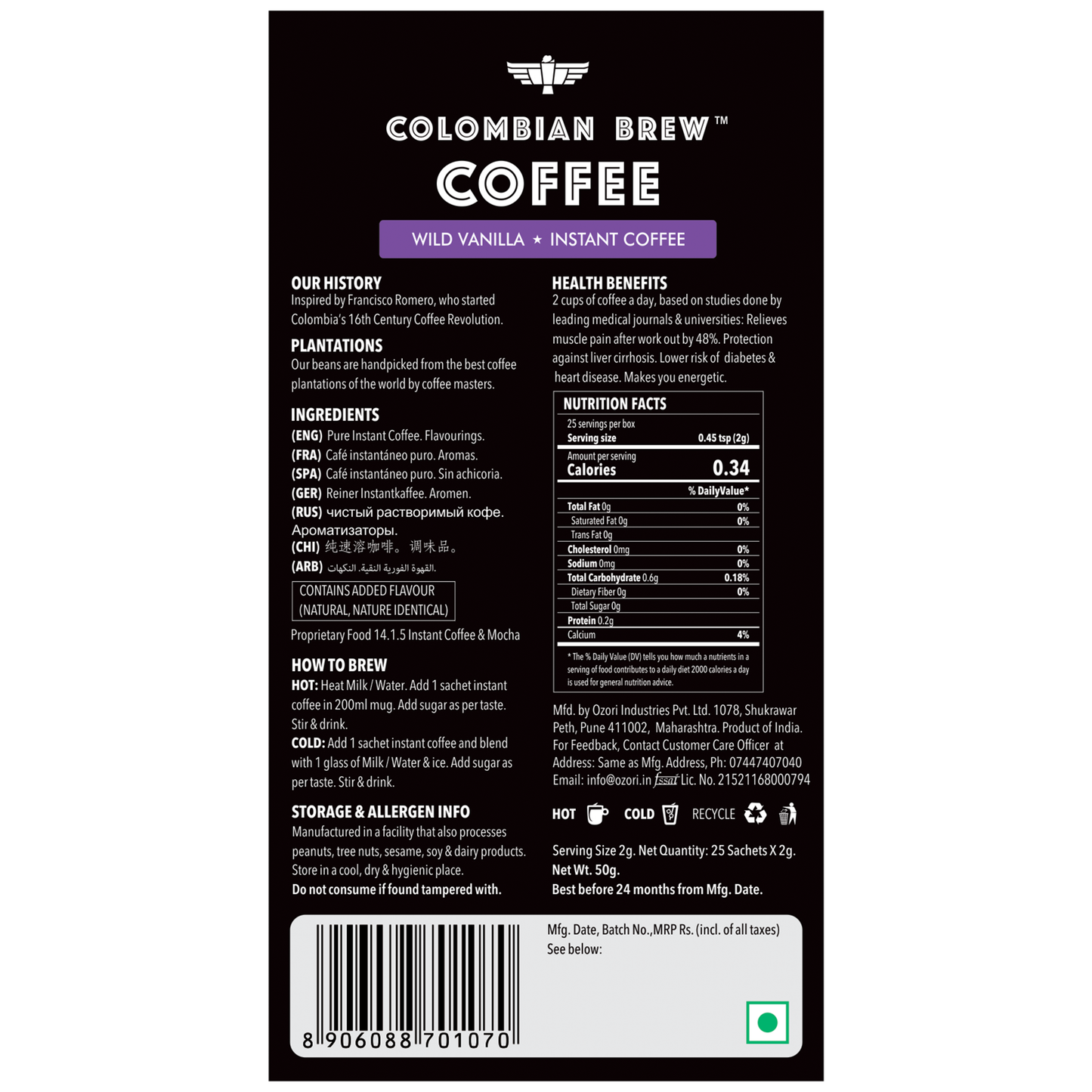 Colombian Brew Hazelnut Instant 50g, Caramel Instant 50g, Vanilla Instant 50g, Pure Instant Coffee 50g, No Sugar Vegan
