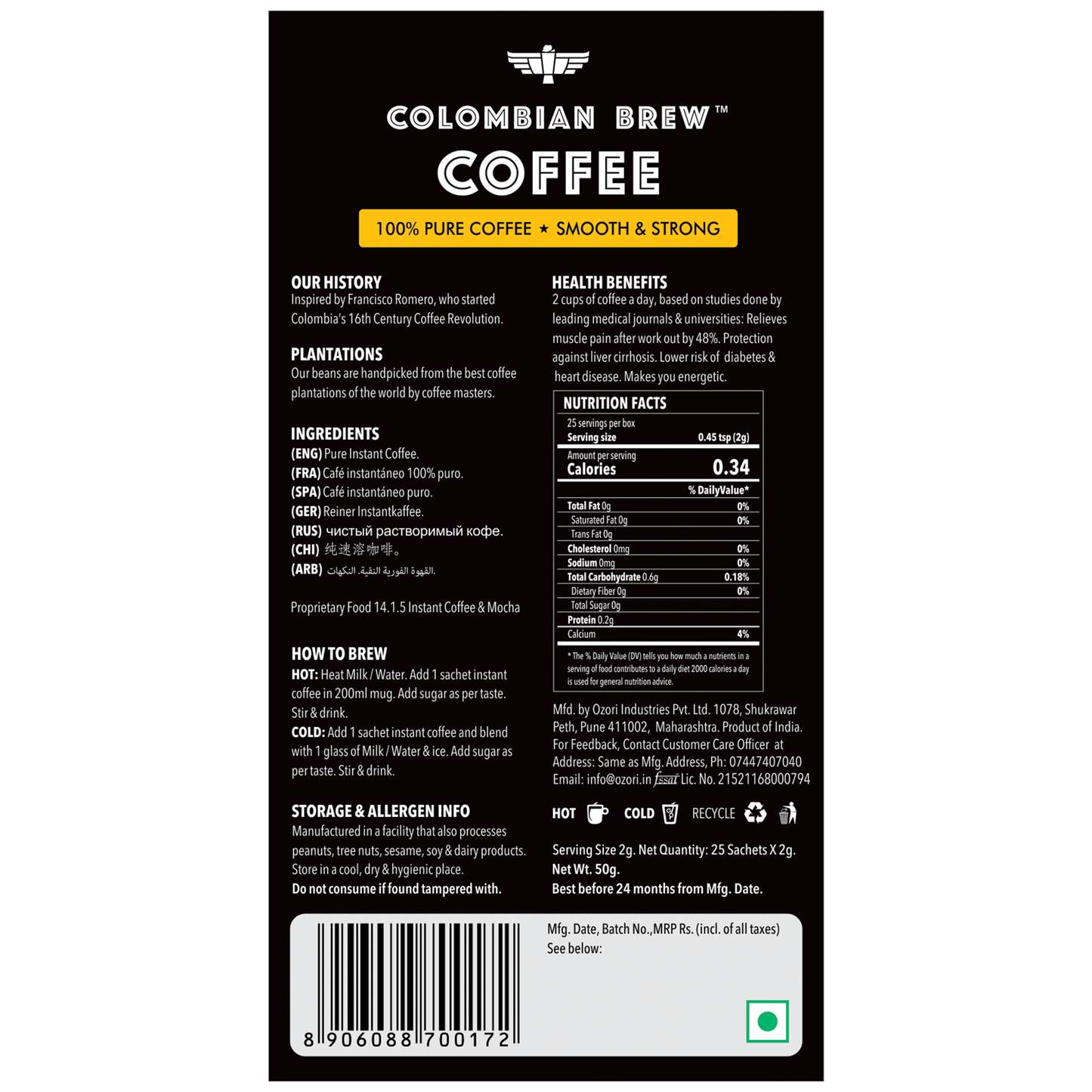 Colombian Brew Hazelnut Instant 50g, Caramel Instant 50g, Vanilla Instant 50g, Pure Instant Coffee 50g, No Sugar Vegan