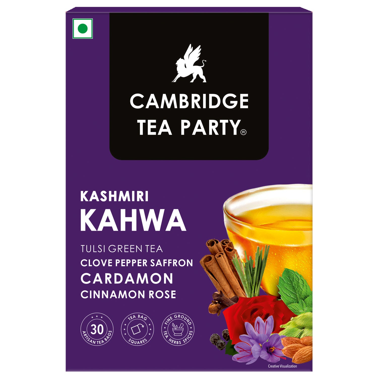 Kashmiri Kahwa 30 Tea Bags, Saffron Almond Cardamom Clove Pepper Cinnamon Rose Tulsi Green Tea 