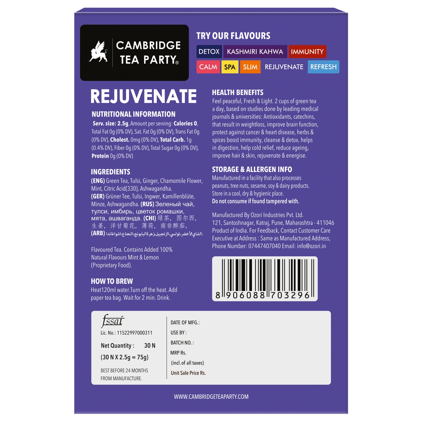 Rejuvenate 30 Tea Bags, Ashwagandha Chamomile Ginger Lemon Mint Tulsi Green Tea