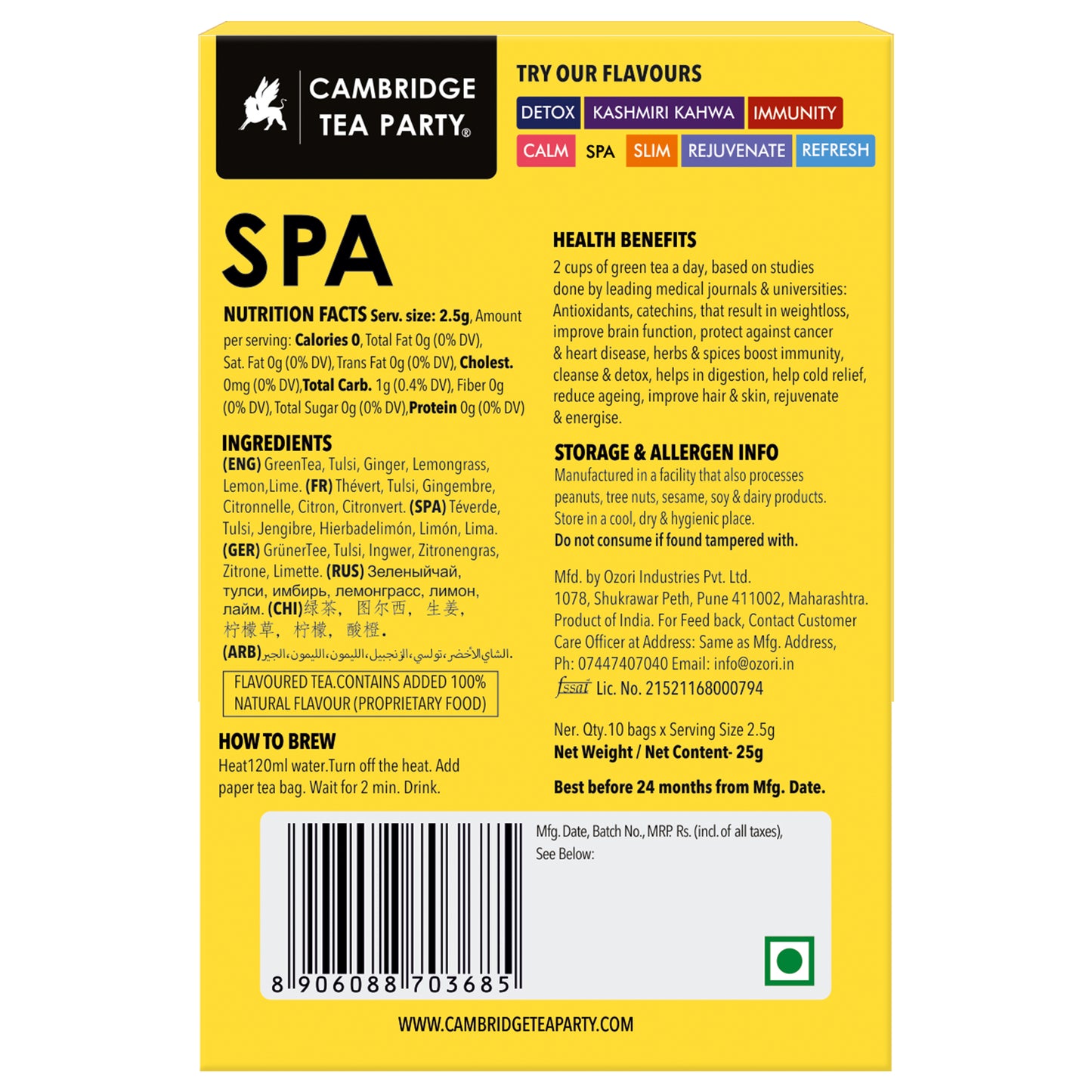 Spa, Lemon Lime Lemongrass Tulsi Green Tea, 10 Tea Bags