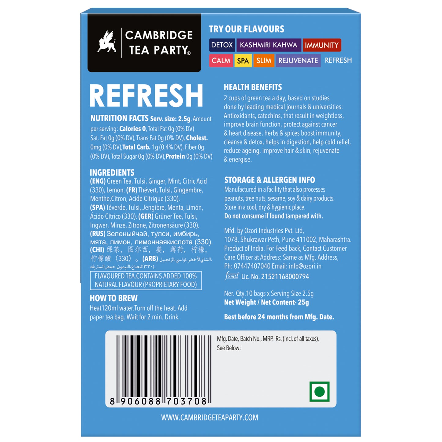 Refresh, Lemon Ginger Mint Tulsi Green Tea, 10 Tea Bags