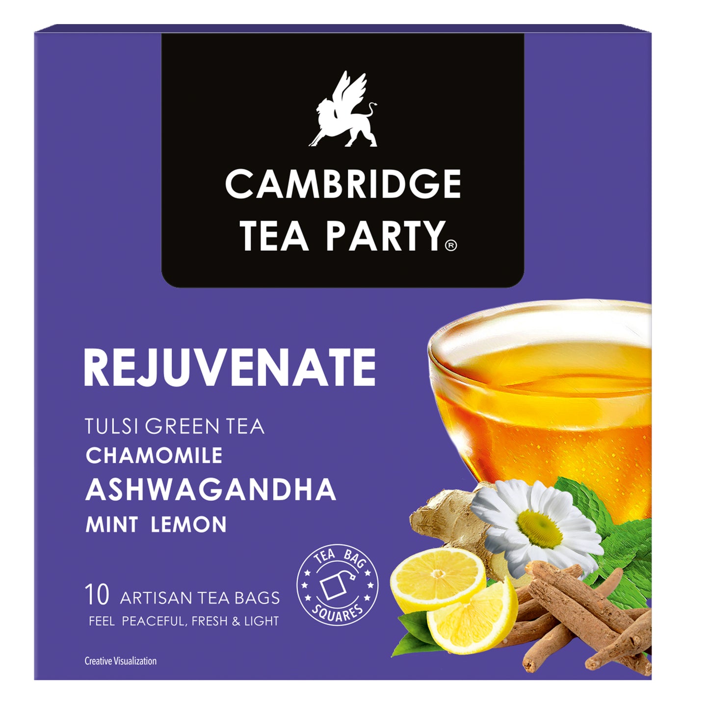 Rejuvenate, Ashwagandha Chamomile Ginger Lemon Mint Tulsi Green Tea, 10 Tea Bags