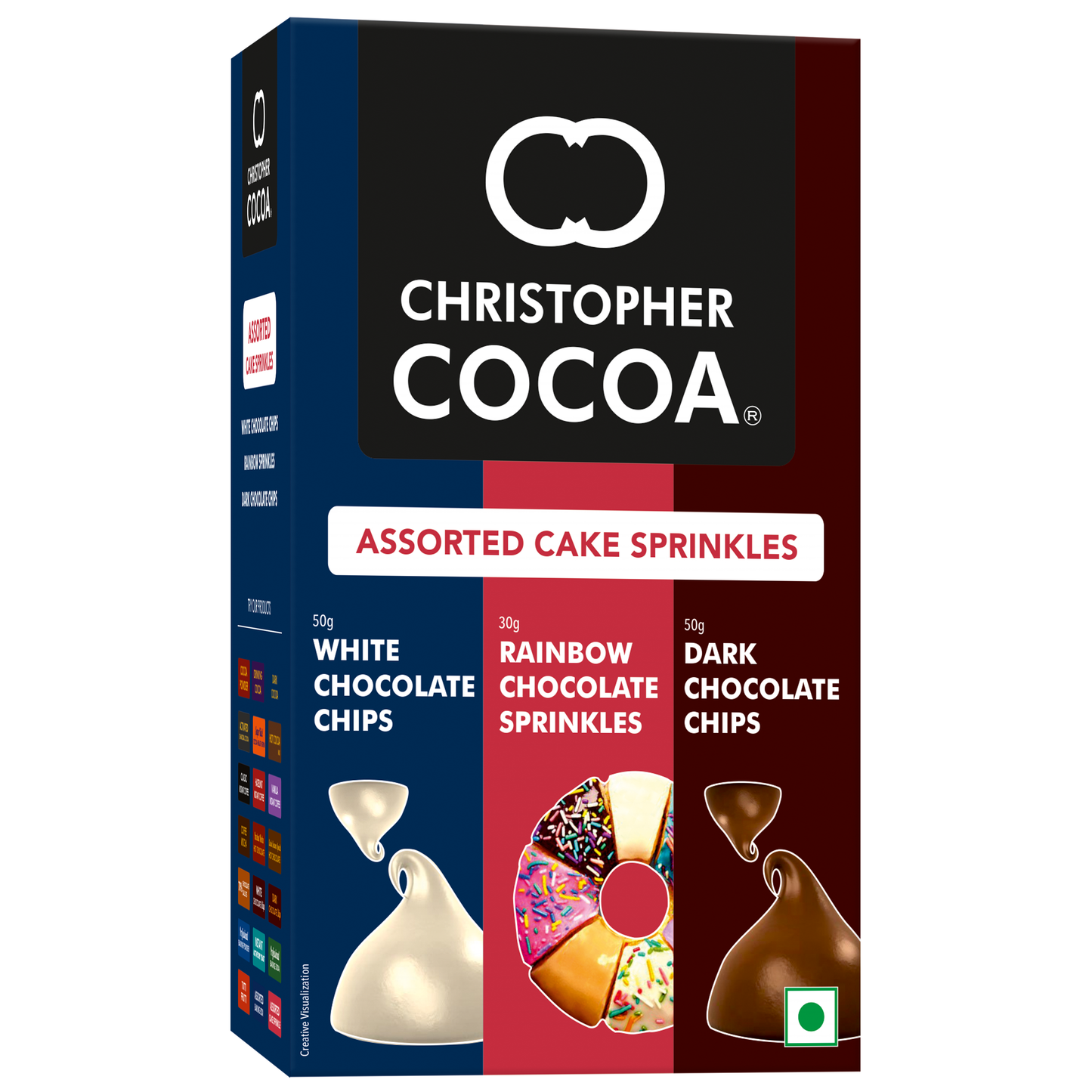 Christopher Cocoa Assorted Cake Sprinkles Dark Chocolate Chips 50g, White Chocolate Chips 50g, Rainbow Chocolate sprinkles 30g (Snack, Topping Ice Cream, Cakes, Baking)