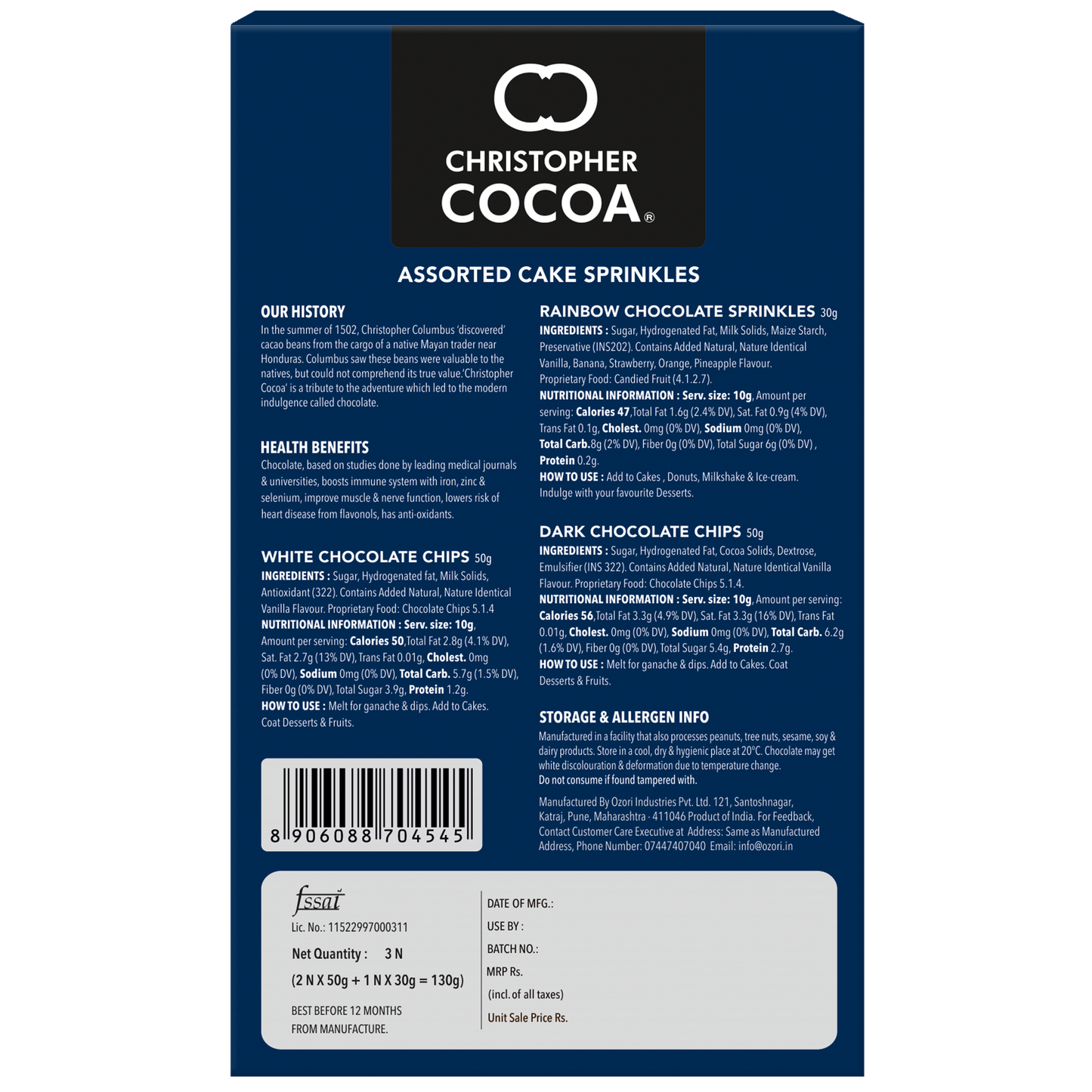 Christopher Cocoa Assorted Cake Sprinkles Dark Chocolate Chips 50g, White Chocolate Chips 50g, Rainbow Chocolate sprinkles 30g (Snack, Topping Ice Cream, Cakes, Baking)