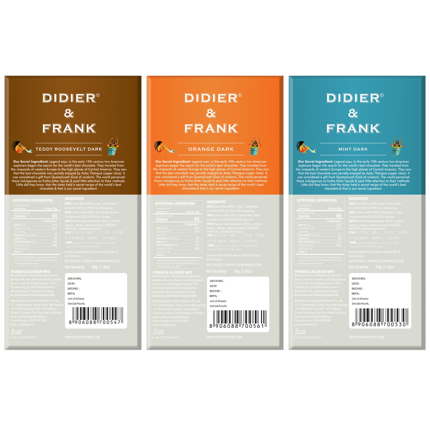 Didier & Frank Chocolate Coffee Dark 50g, Orange Dark 50g, Mint Dark 50g Pack of 3 (Chocolate Gift Pack) 