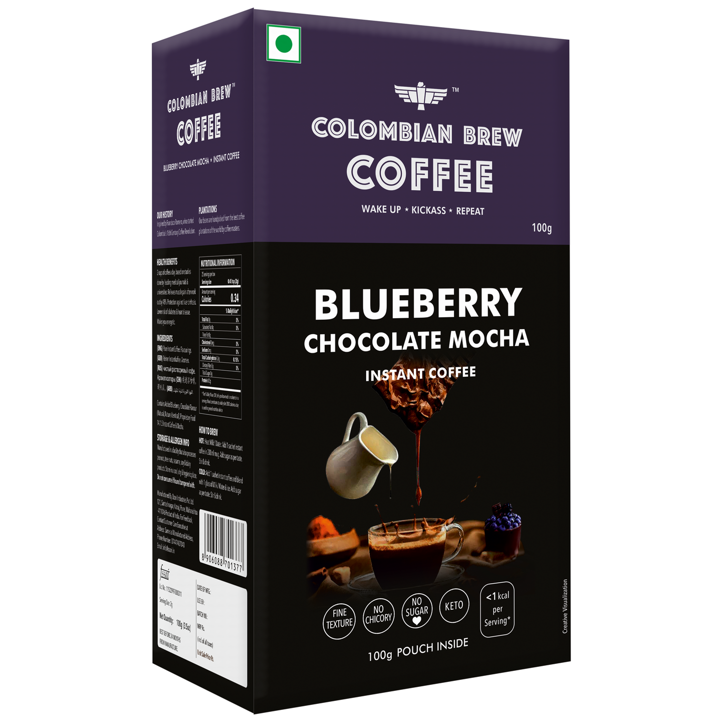 Blueberry Chocolate Mocha Instant Coffee Powder, No Sugar Vegan, 100g 
