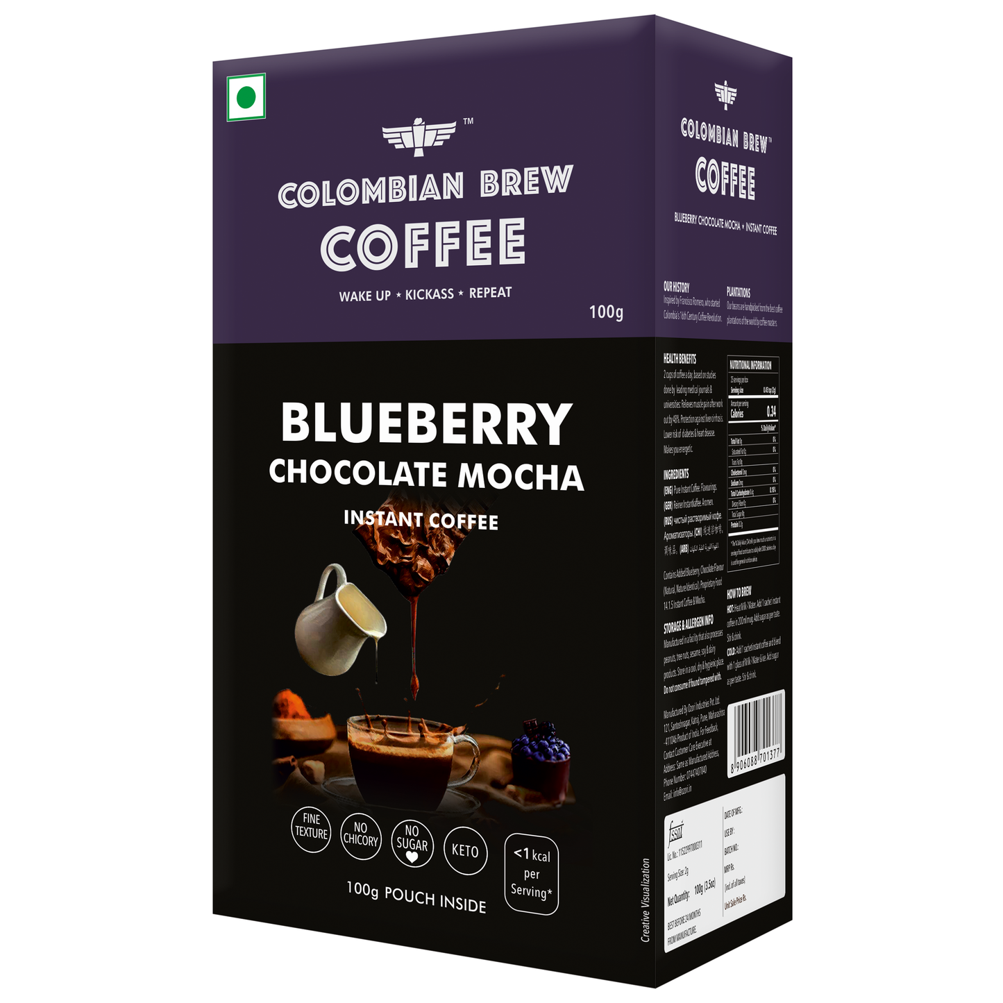 Blueberry Chocolate Mocha Instant Coffee Powder, No Sugar Vegan, 100g 