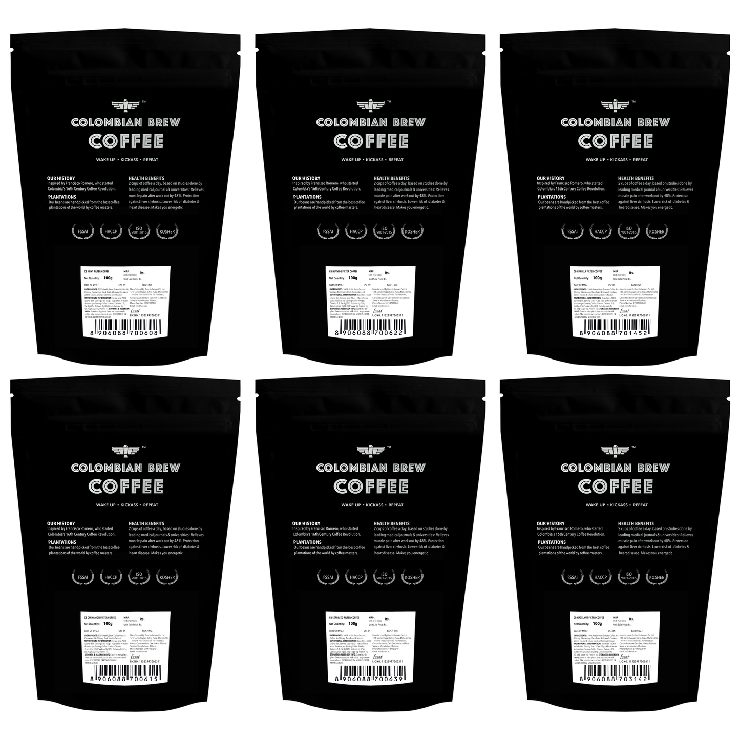 Colombian Brew Assorted Ground Filter Coffee Powder 6 Packs 100g Each Espresso, Hazelnut, Vanilla, Cinnamon, Nutmeg, Mint (Make Espresso, French Press, Cold Brew, Hot Brew) 