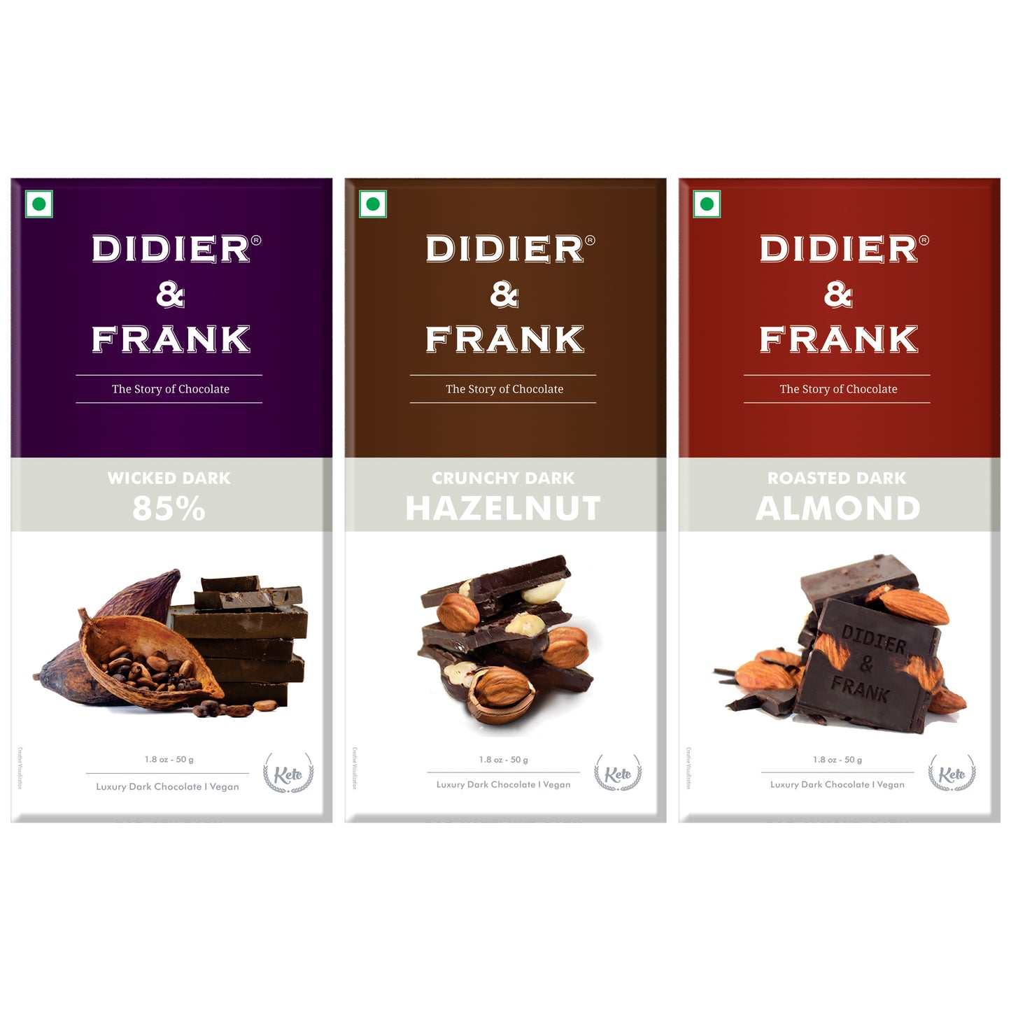 85% Dark 50g, Hazelnut Dark 50g, Almond Dark 50g, Pack of 3 (Chocolate Gift Pack) 
