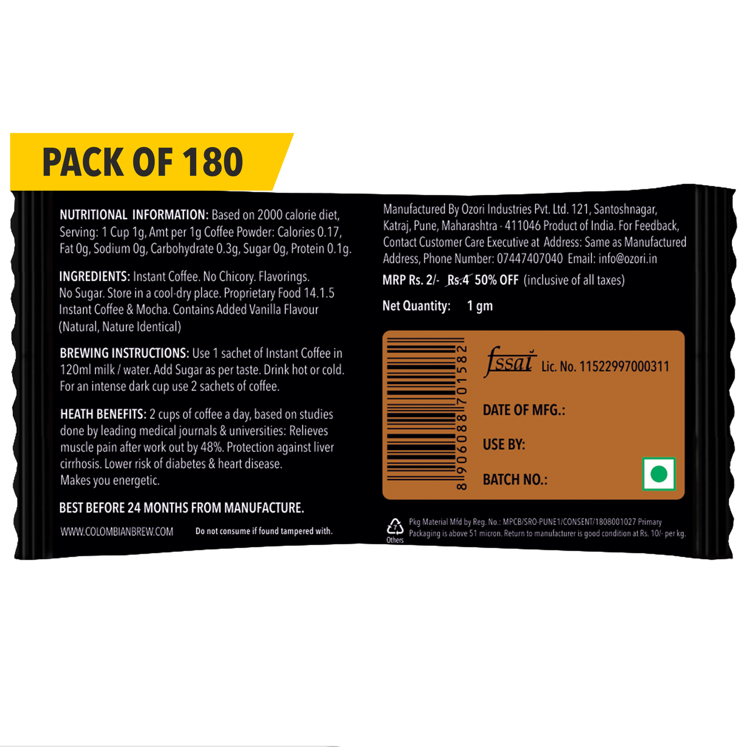 Colombian Brew Double Chocolate Mocha Instant Coffee Powder Sachets, Pack of 180 