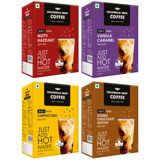 3 in 1 Assorted Instant Coffee Premix Café Latte, Cappuccino, Hazelnut, Vanilla Caramel, Double Choco Mocha, 10 Sachets Box x 4 