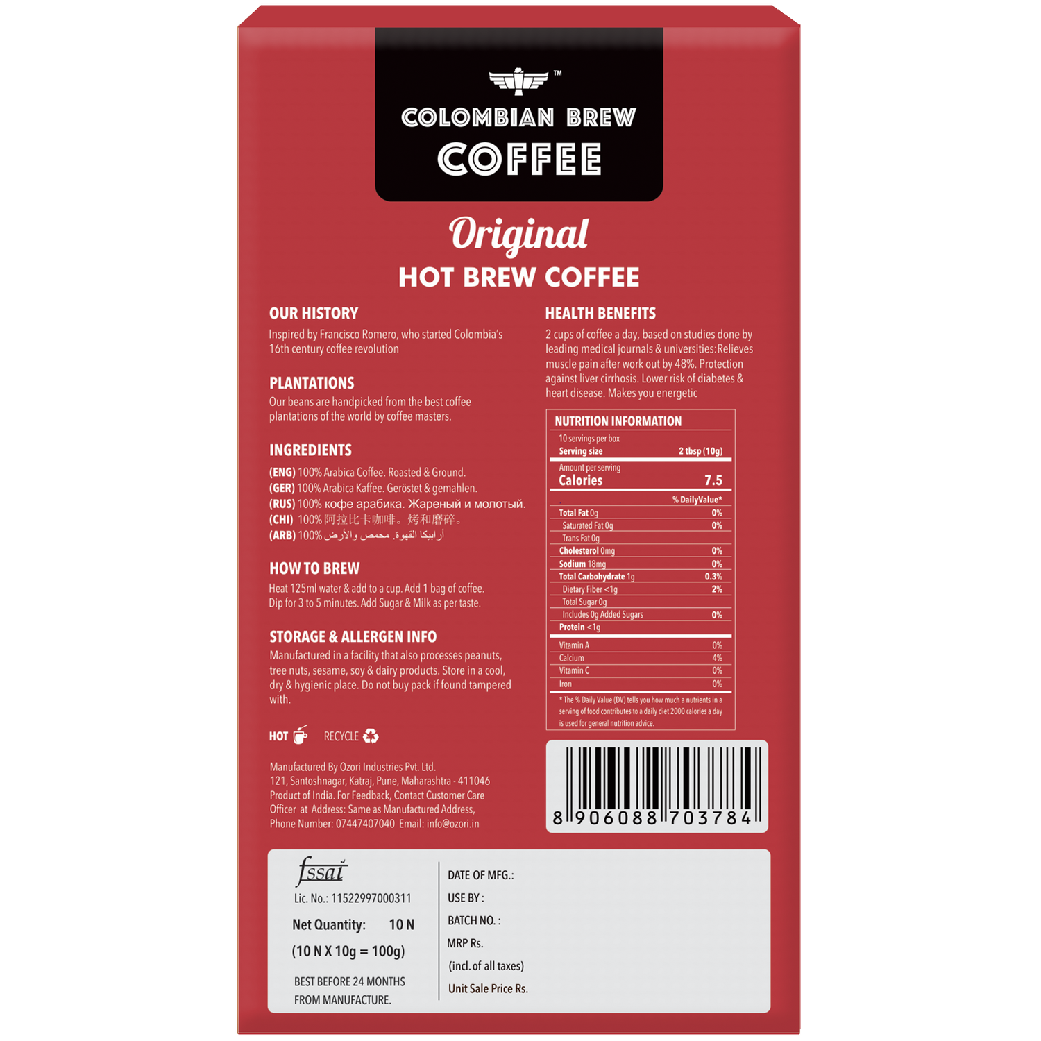 Colombain Brew Coffee Arabica Original Hot Brew 10 Bags, 10 Cups 