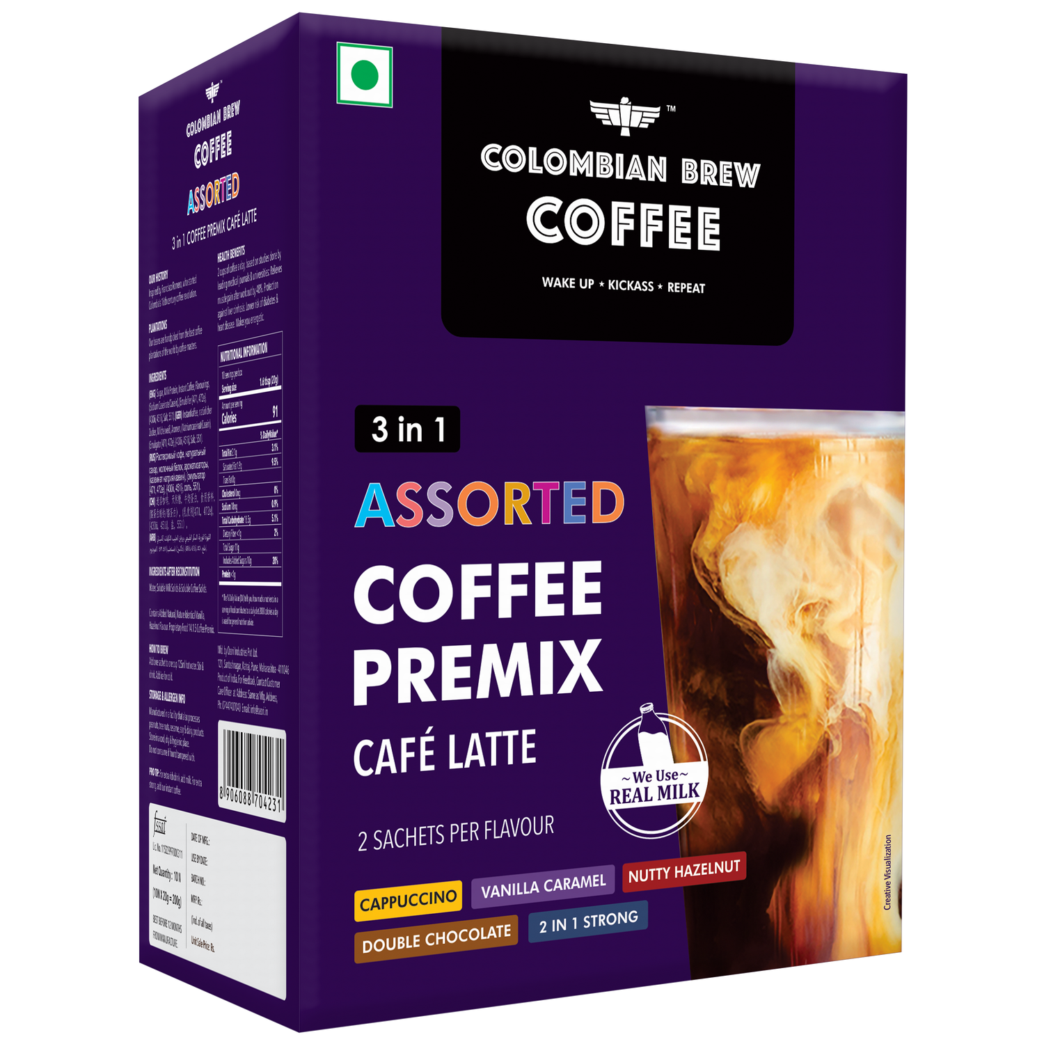 Colombian Brew 3 in 1 Assorted Instant Coffee Premix  Cappuccino, Nutty Hazelnut, Vanilla Caramel, Double Choco Mocha,2 in 1 Strong, 2 Sachet per flavour 
