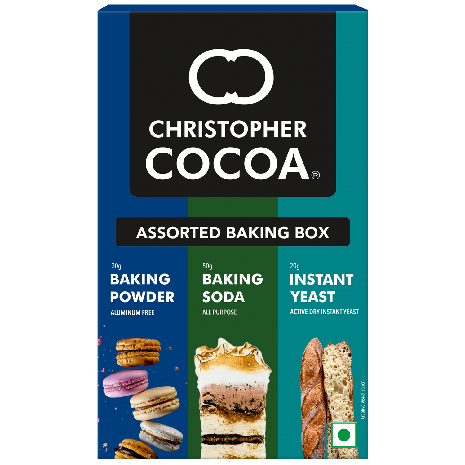 Christopher Cocoa Assorted Baking Box  Aliminum free Baking Powder 30g, All purpose Baking Soda 50g, Active dry instant yeast 20g (Bake Cakes, Cookies, Breads, Brownies) 