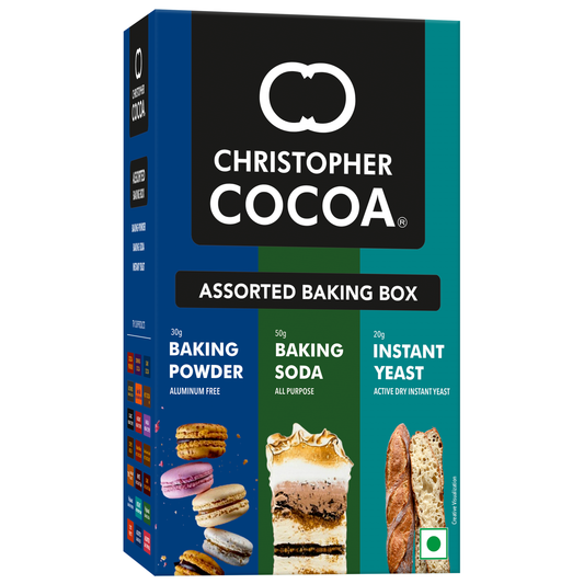 Christopher Cocoa Assorted Baking Box  Aliminum free Baking Powder 30g, All purpose Baking Soda 50g, Active dry instant yeast 20g (Bake Cakes, Cookies, Breads, Brownies) 