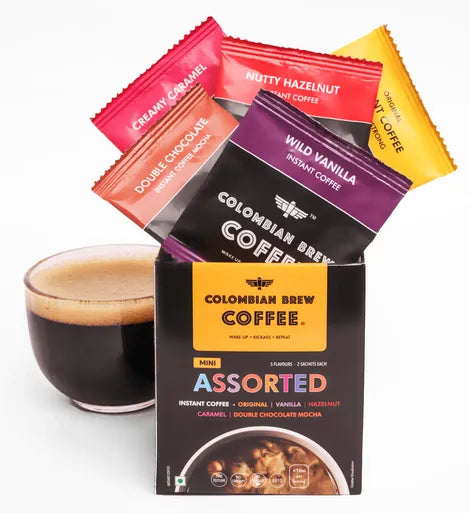 Colombian Brew Mini Assorted Instant Coffee (Original, Hazelnut, Vanilla, Caramel, Mocha) 10 Sachets