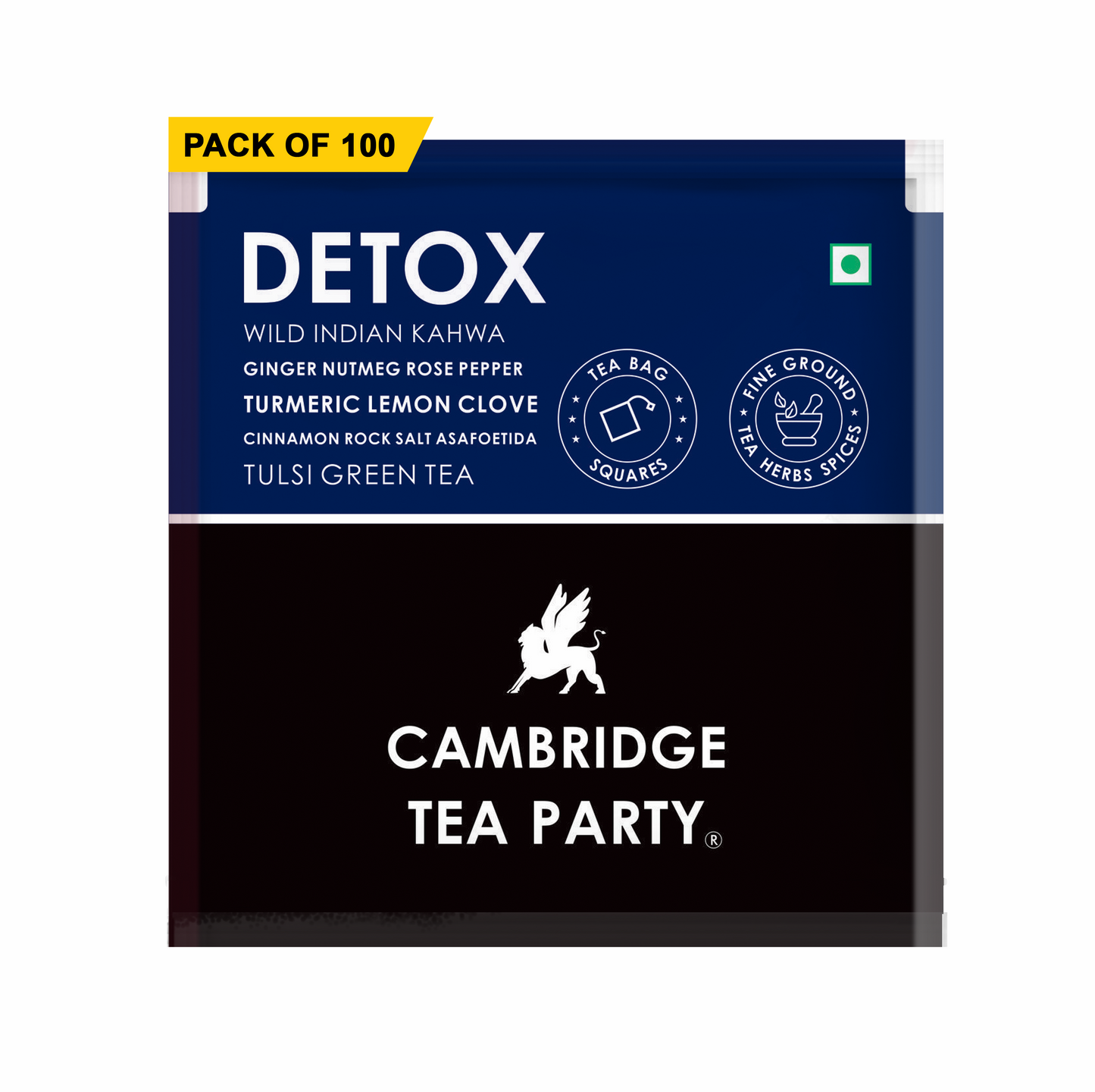Cambridge Tea Party Detox 100 Tea Bags, Wild Indian Kahwa, Turmeric Ginger Rose Lemon Clove Rock Salt Tulsi Green Tea, Bulk Pack 