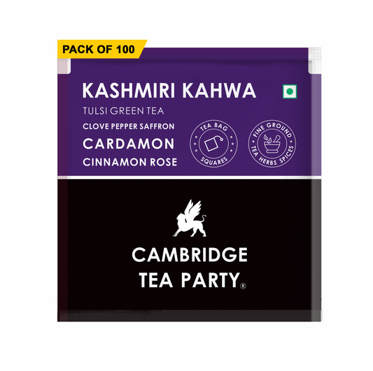 Cambridge Tea Party Kashmiri Kahwa 100 Tea Bags, Saffron Almond Cardamom Clove Pepper Cinnamon Rose Tulsi Green Tea, Bulk Pack 