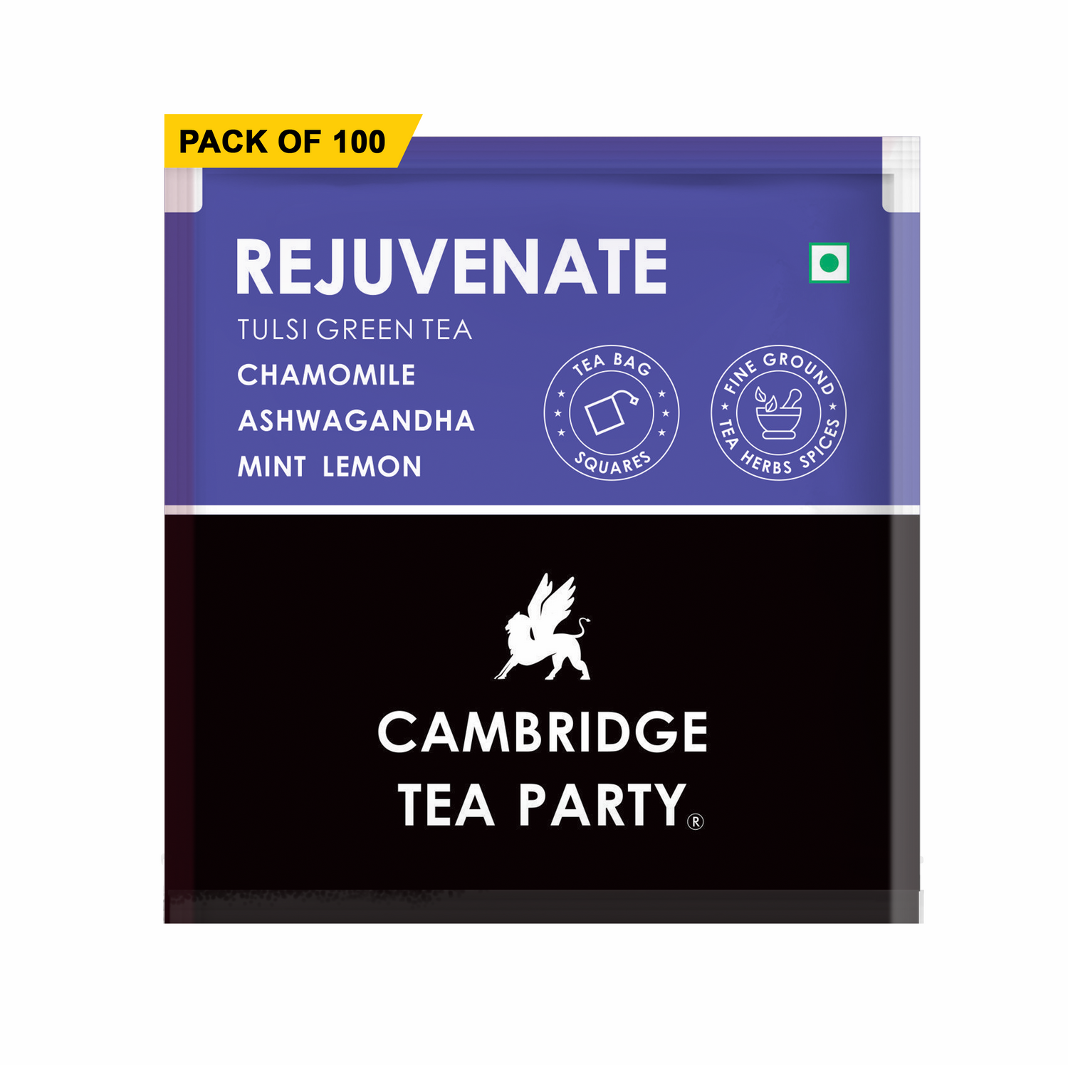 Cambridge Tea Party Rejuvinate 100 Tea Bags, Ashwagandha Chamomile Ginger Lemon Mint Tulsi Green Tea, Bulk Pack 
