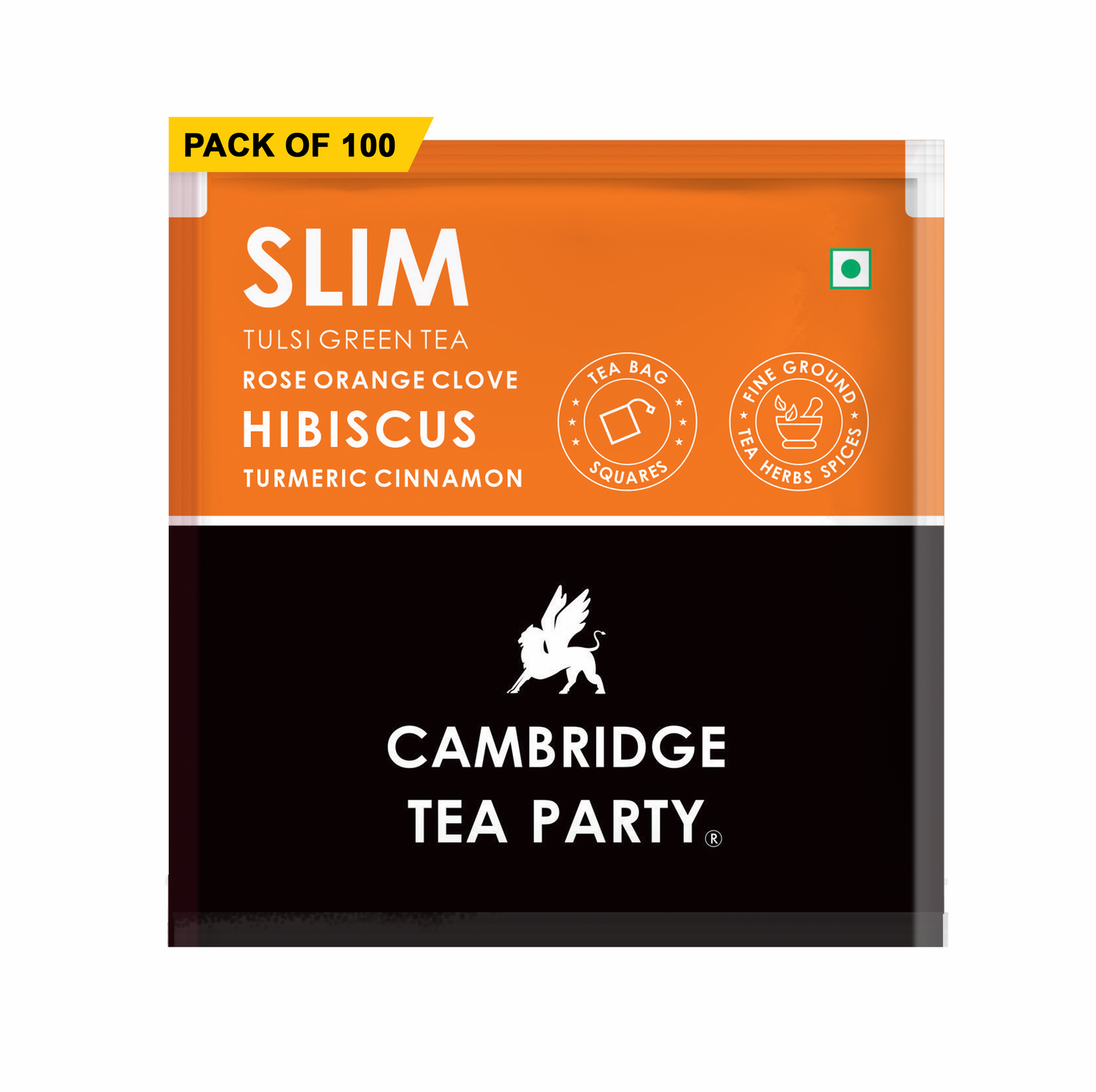 Cambridge Tea Party Slim 100 Tea Bags, Hibiscus Clove Orange Rose Turmeric Cinnamon Tulsi Green Tea, Bulk Pack 