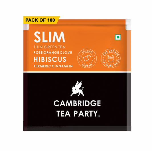 Cambridge Tea Party Slim 100 Tea Bags, Hibiscus Clove Orange Rose Turmeric Cinnamon Tulsi Green Tea, Bulk Pack 