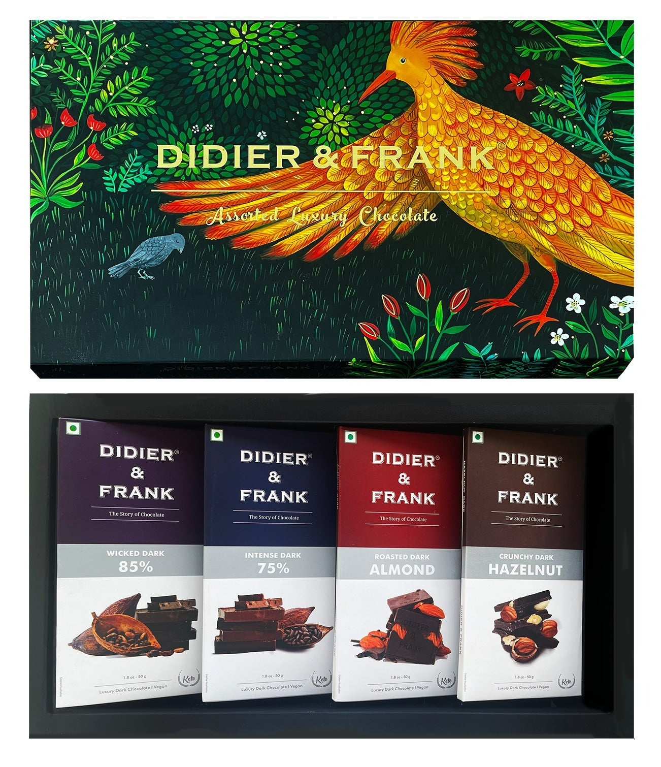 Didier & Frank Assorted Chocolate Dark Gift Box, 50g x 4 (85%, 75%, Almond, Hazelnut) (Gift Pack Box Diwali, Rakhi)