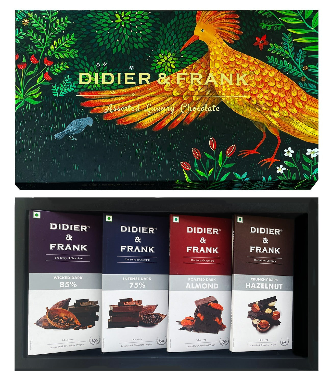 Didier & Frank Assorted Chocolate Dark Gift Box, 50g x 4 (85%, 75%, Almond, Hazelnut) (Gift Pack Box Diwali, Rakhi) 