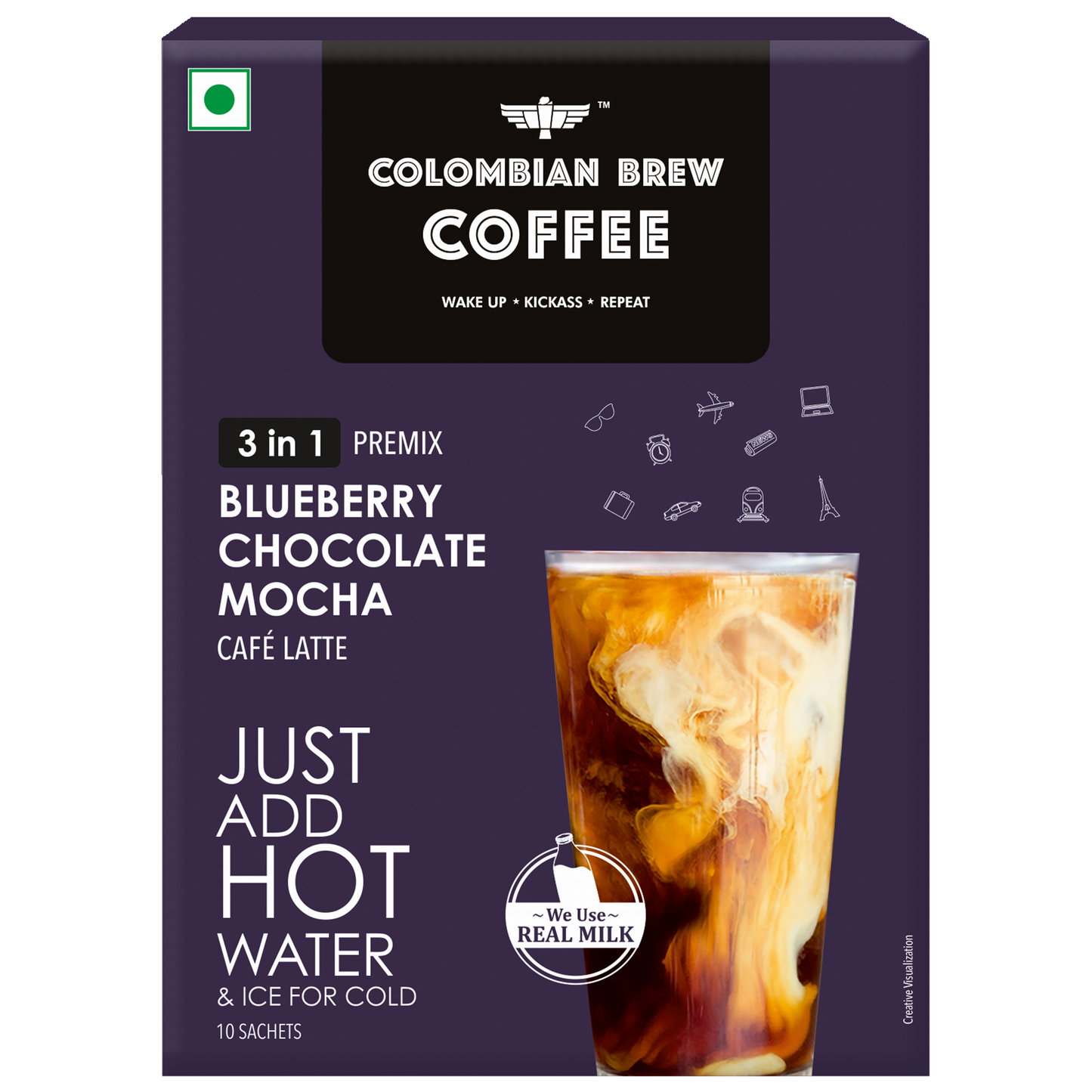 Colombian Brew Blueberry Chocolate Mocha Café Latte, Instant Coffee Powder Premix (3 in 1), 10 Sachets Box 